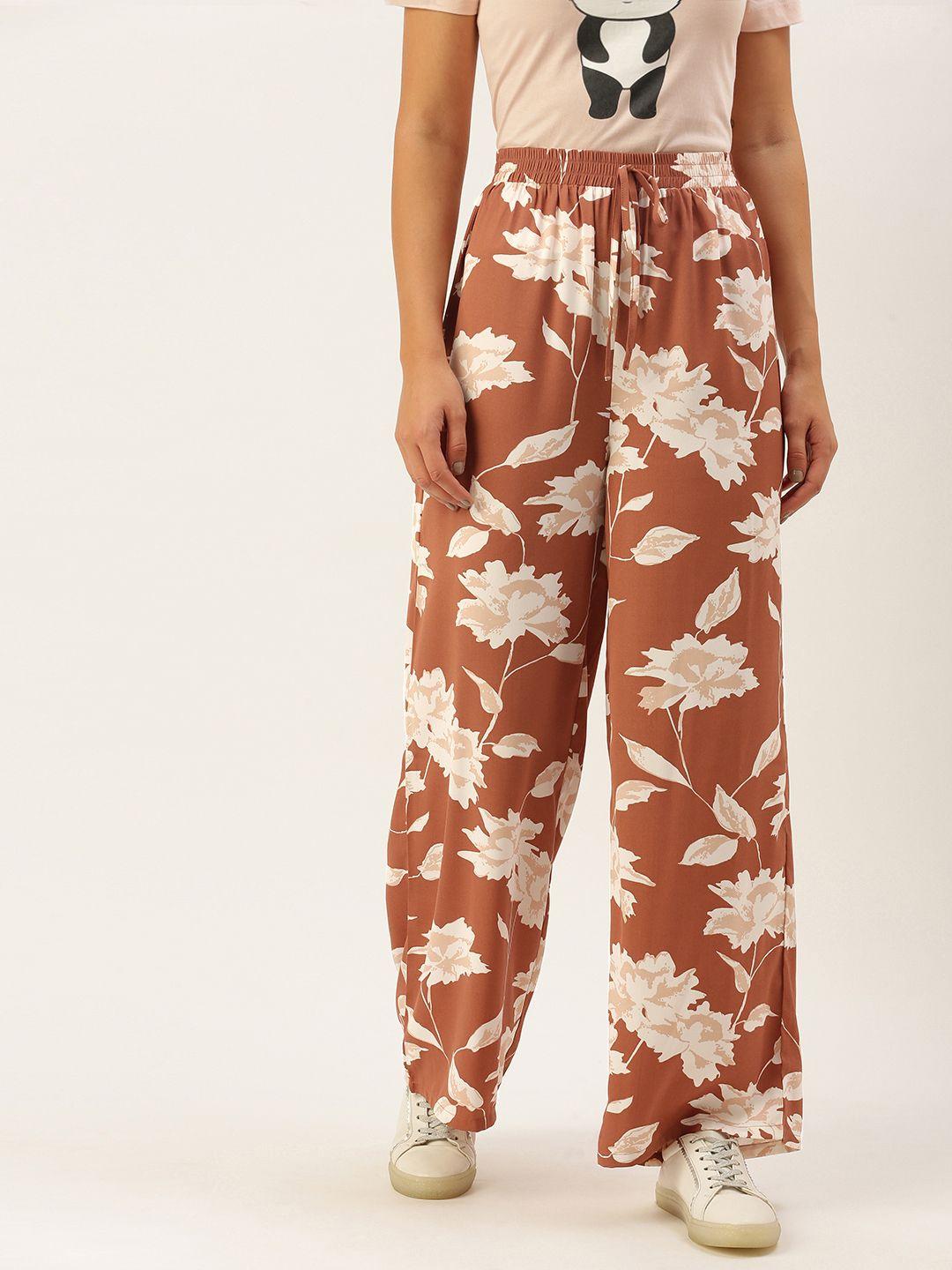 berrylush women brown floral printed relaxed high-rise trousers