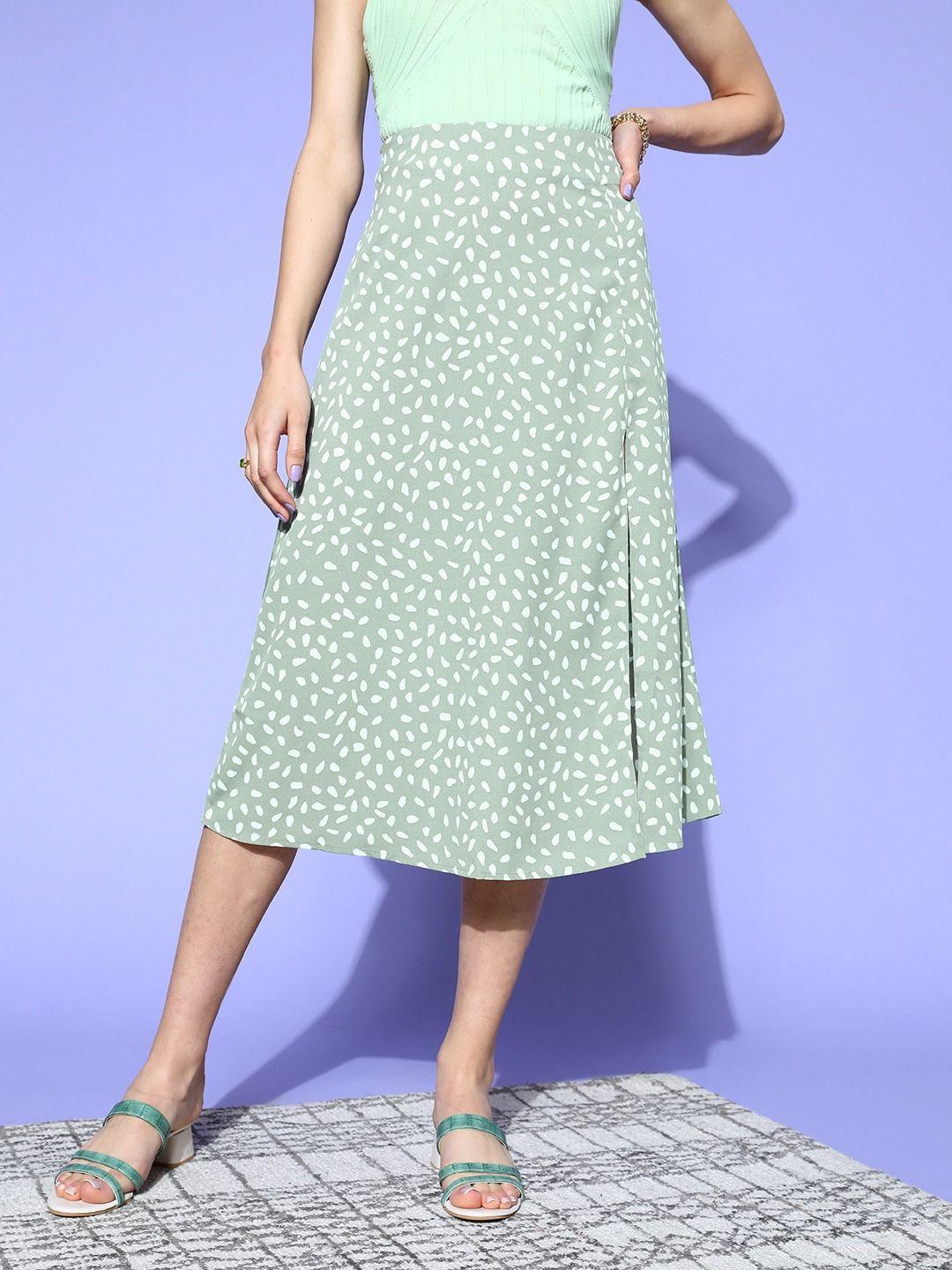 berrylush women green & white printed high-slit midi a-line skirt