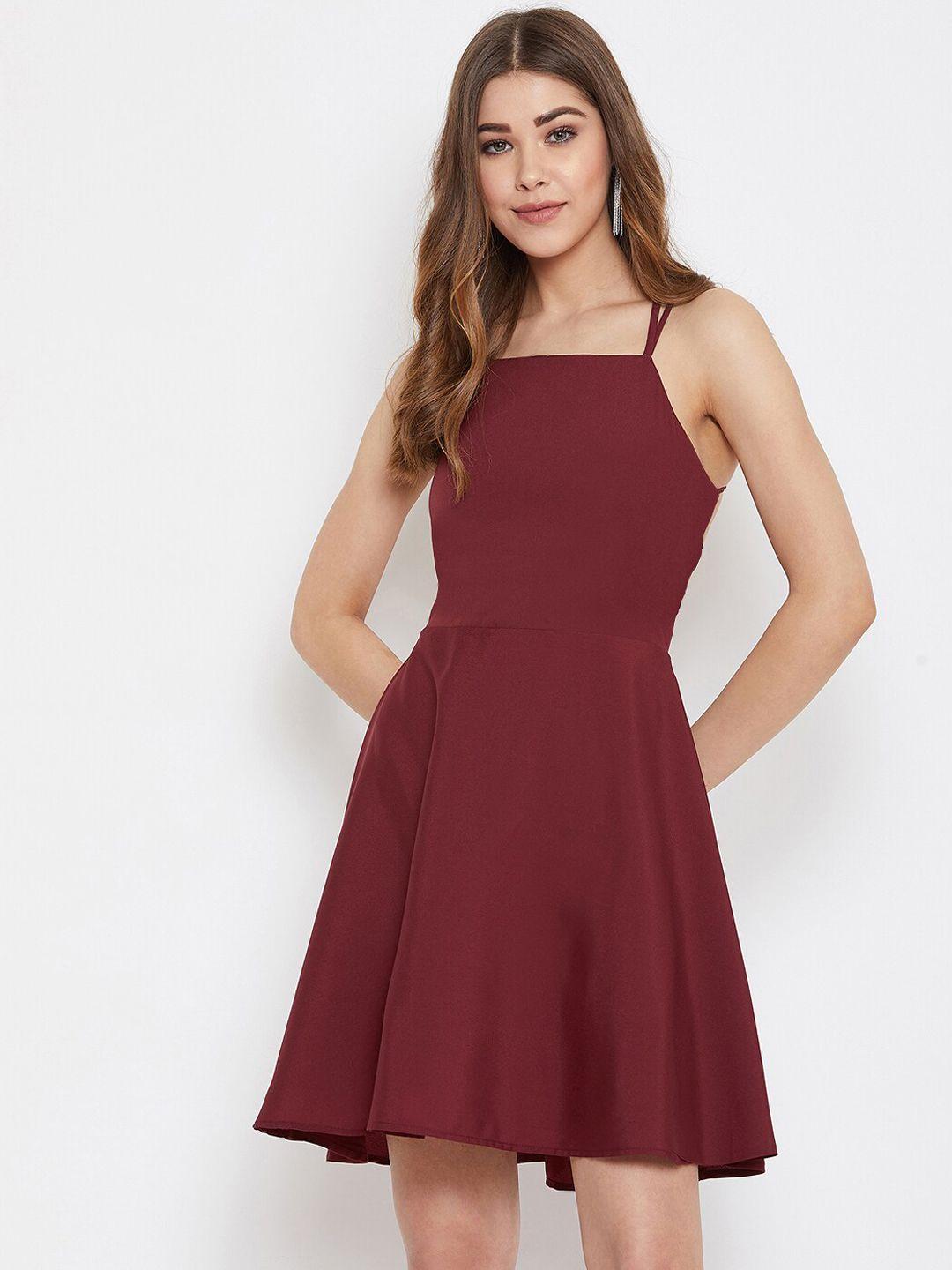 berrylush women maroon solid fit and flare dress
