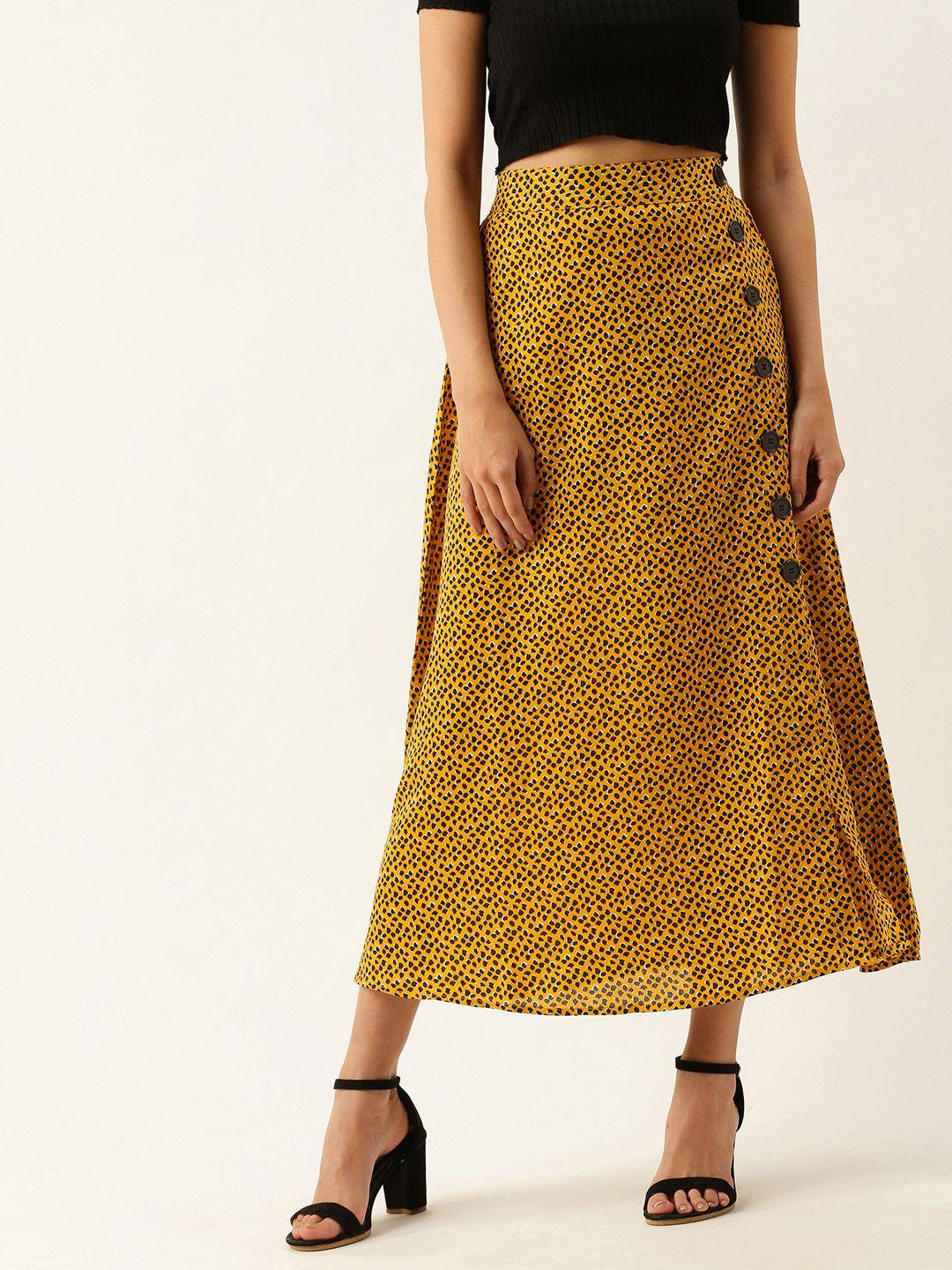 berrylush women mustard yellow & black animal printed a-line skirt