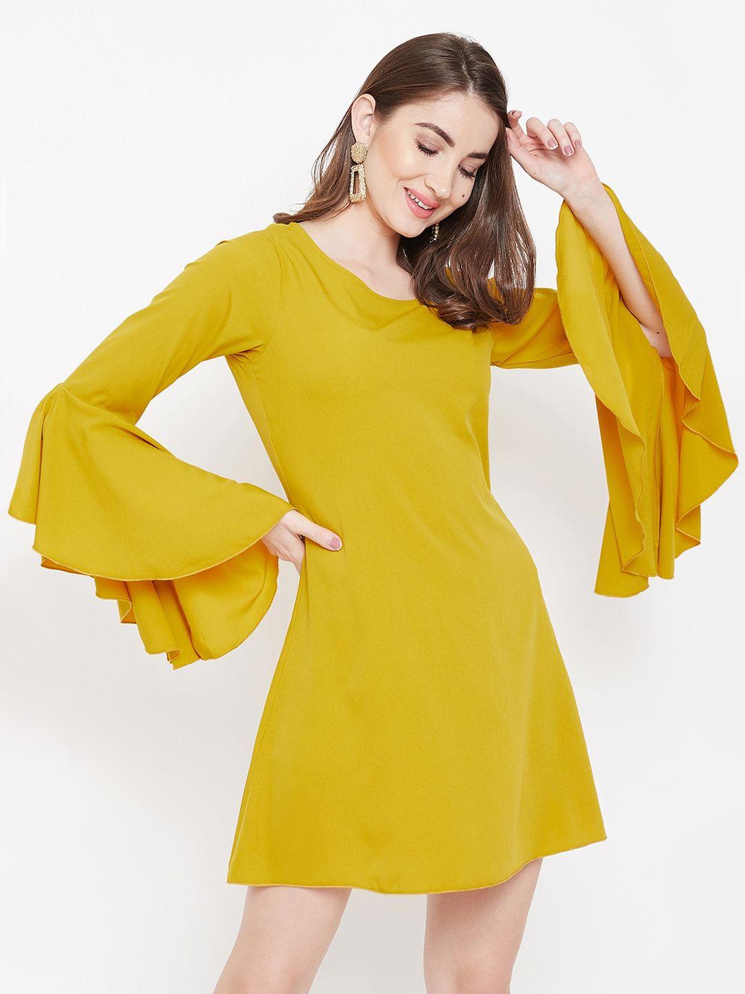 berrylush women mustard yellow solid peplum sleeve fit and flare dress
