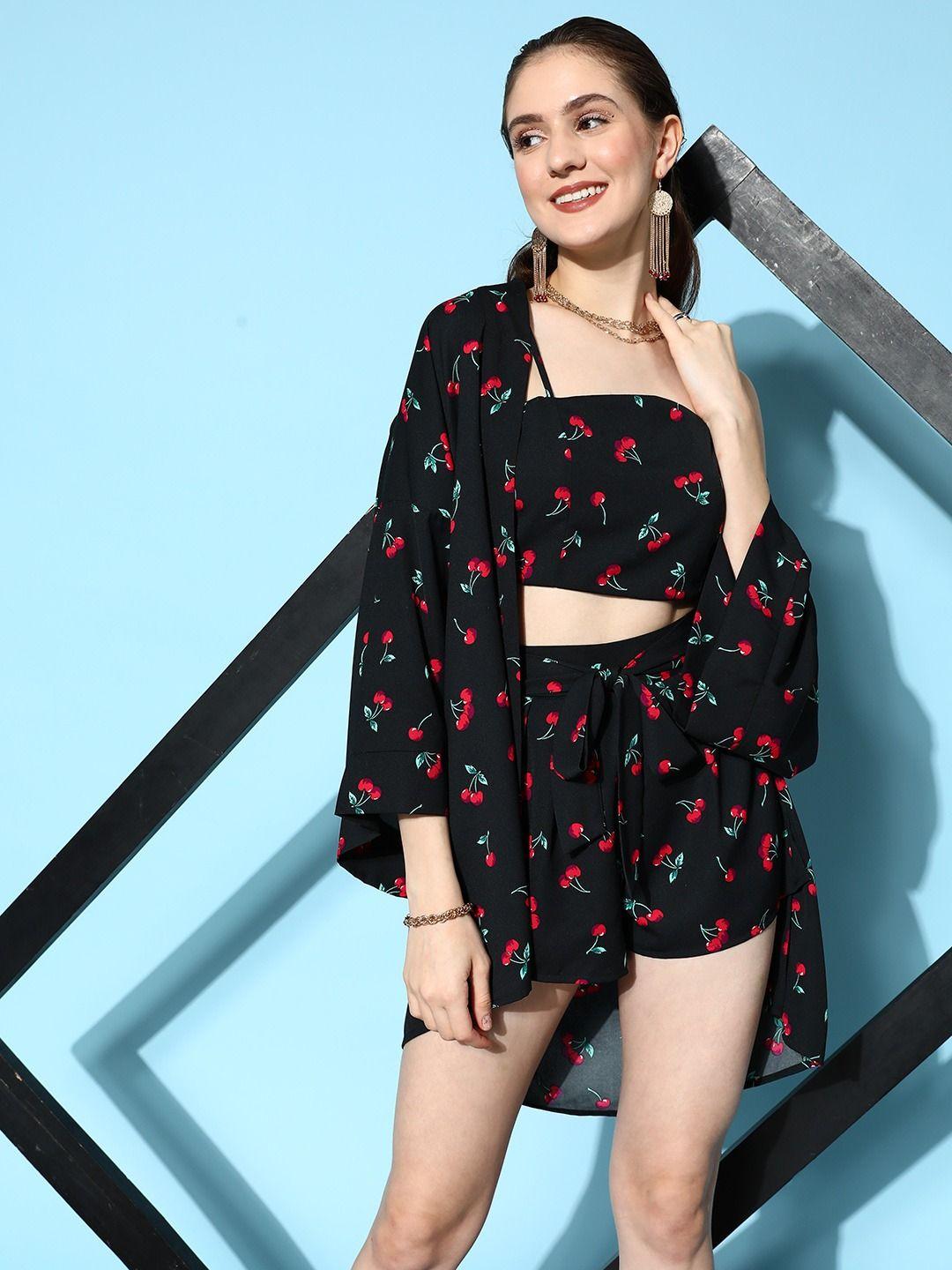 berrylush women printed top with shorts & with shrug