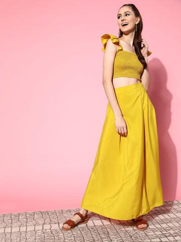 berrylush women solid yellow square neck smocked crop top & thigh-high slit maxi skirt co-ord dress