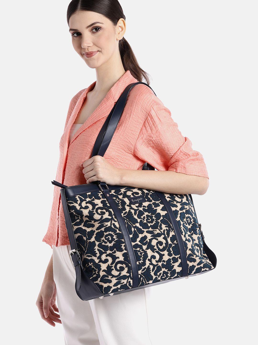 berrylush women white & blue floral embroidered shoulder laptop bag