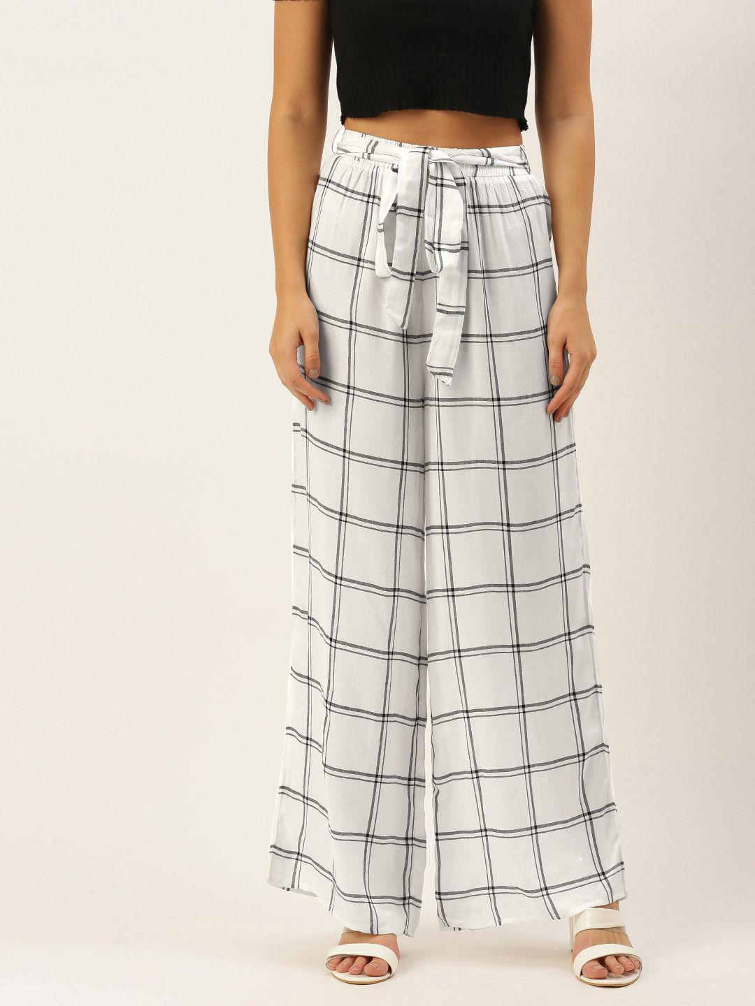 berrylush women white checked relaxed high-rise trousers