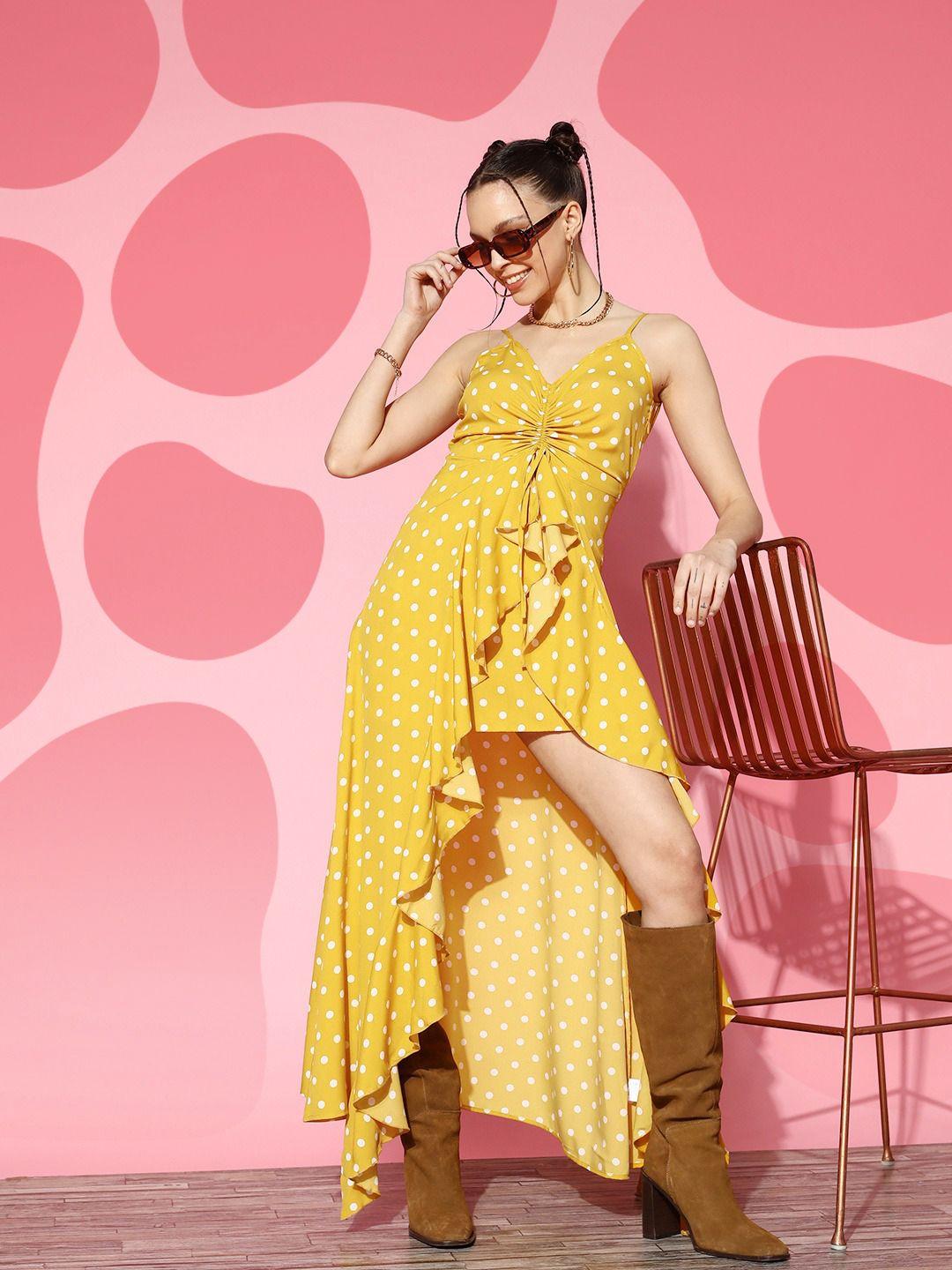 berrylush yellow & white pola dots printed high-low crepe dress with ruffled detail