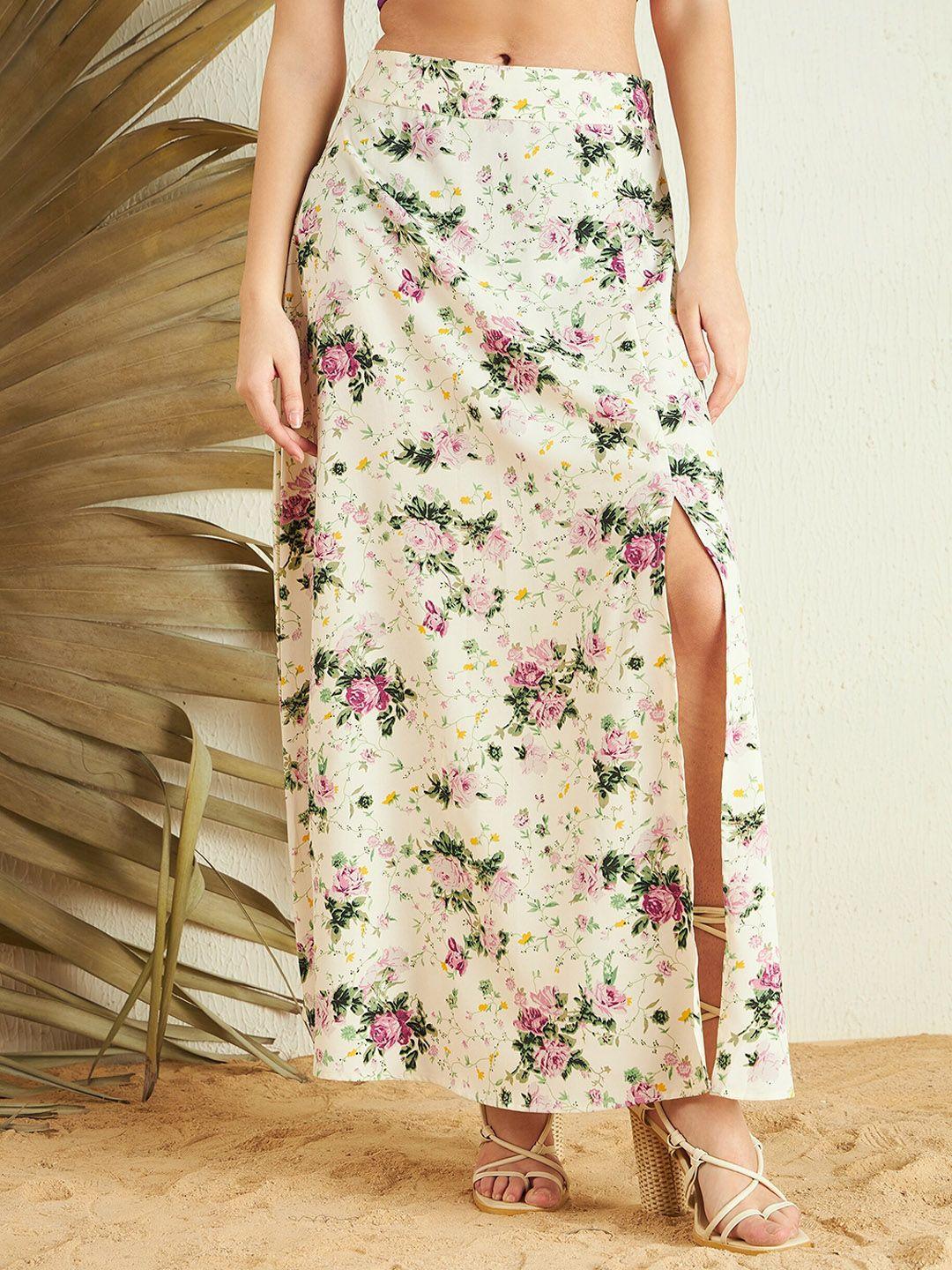 berrylush beige floral printed high rise a-line side slit maxi skirt