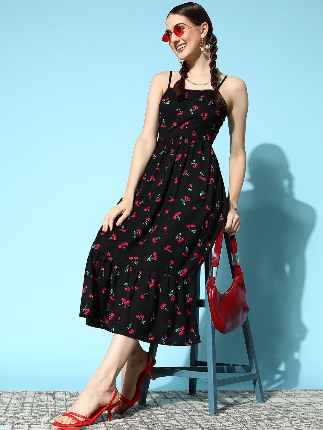 berrylush black & red conversational print a-line midi dress