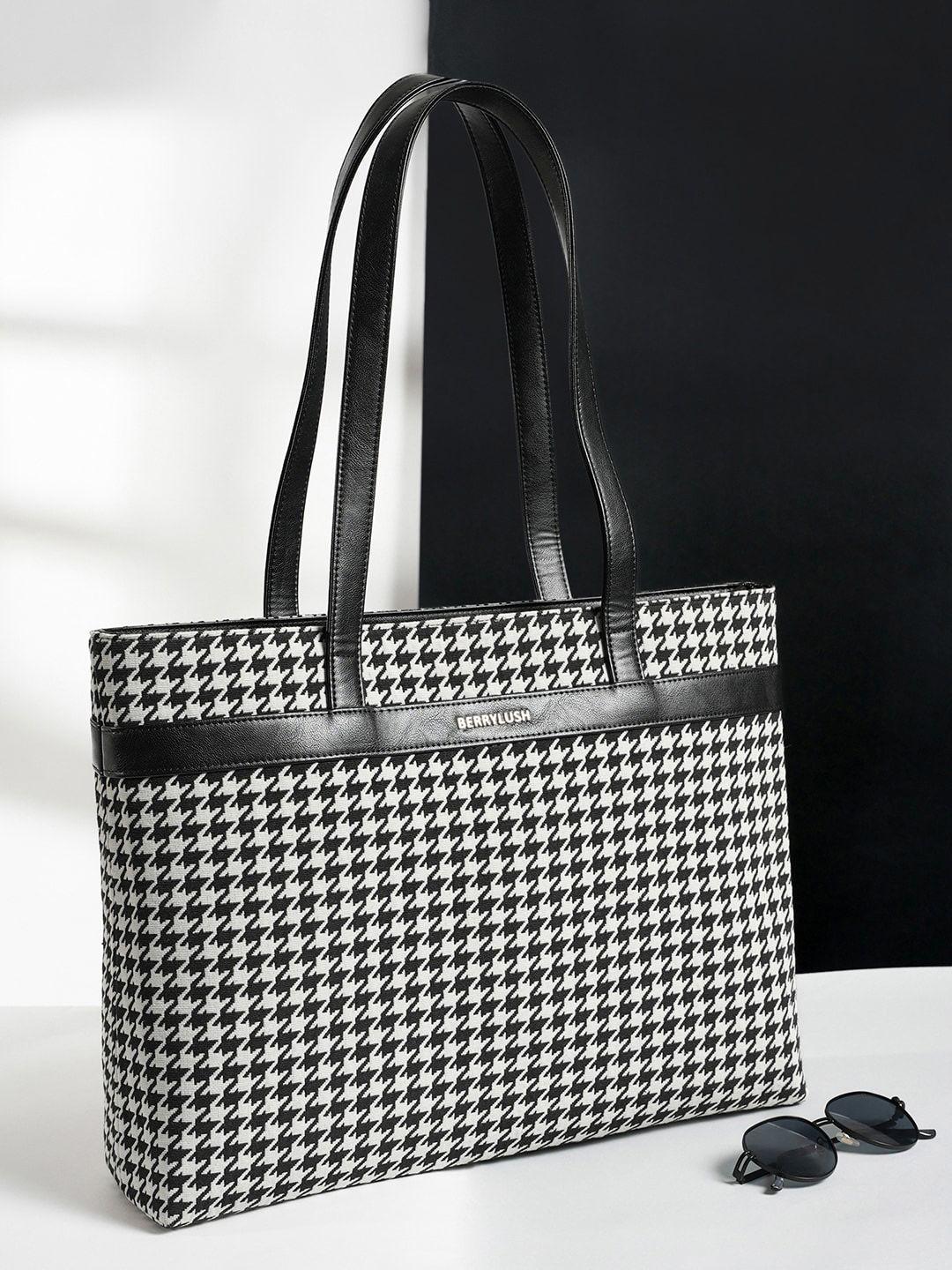 berrylush black & white printed structured laptop tote bag