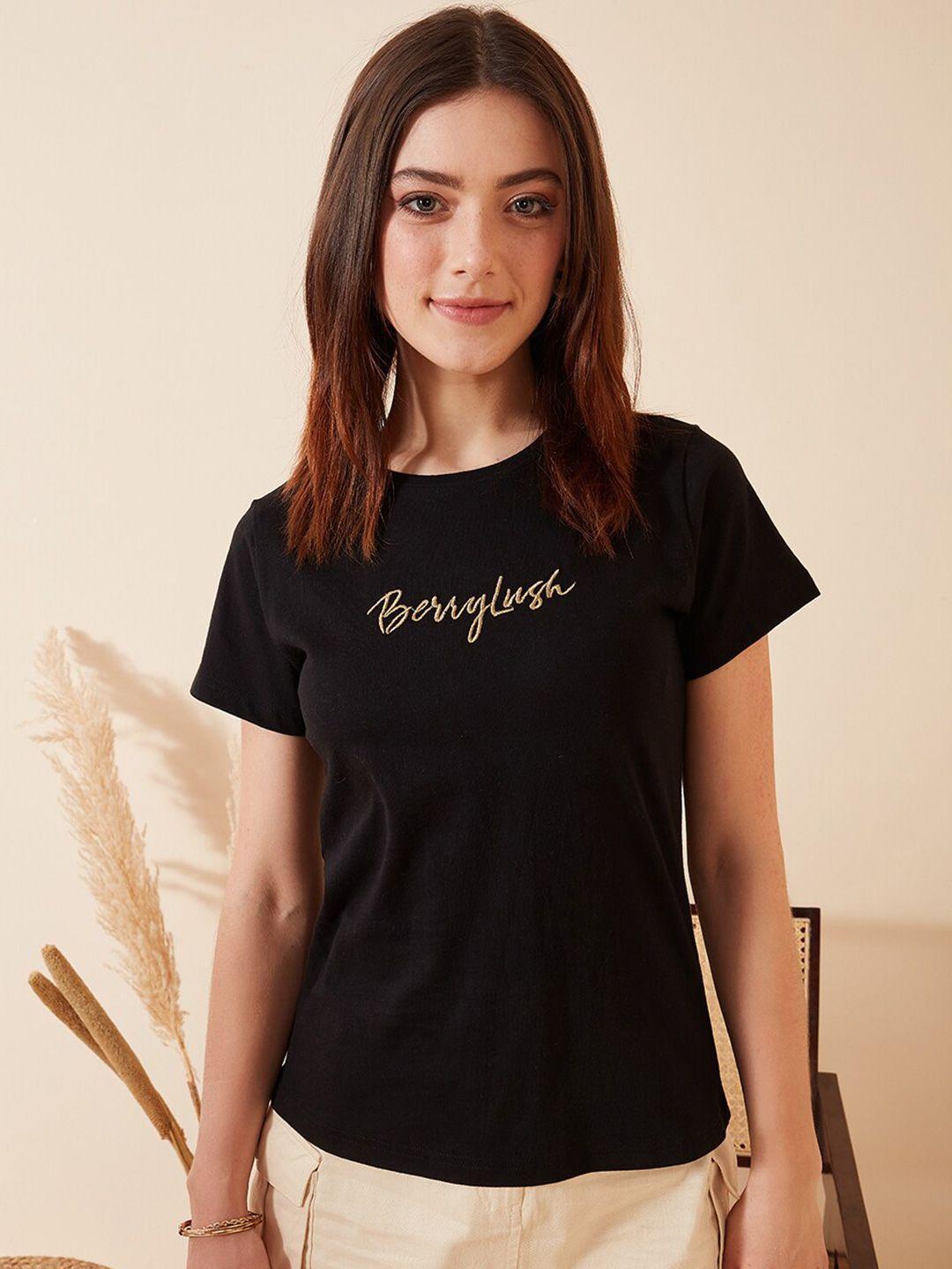 berrylush black brand logo printed pure cotton t-shirt