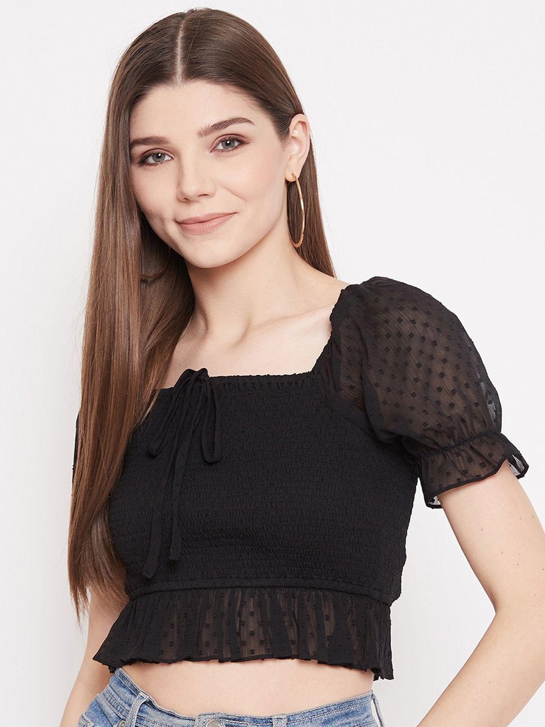 berrylush black smocked georgette regular crop top