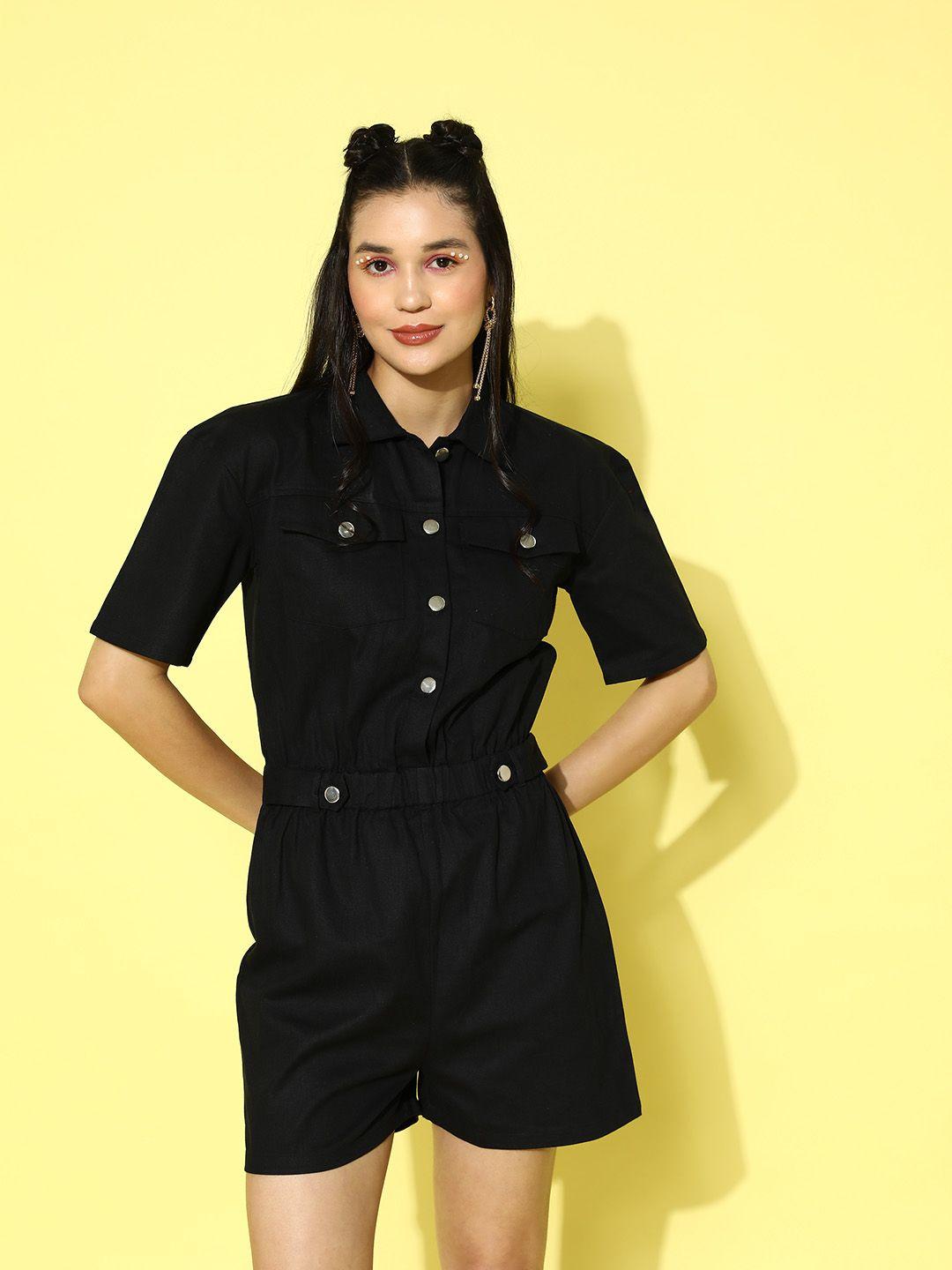 berrylush black solid shirt collar pure cotton playsuit