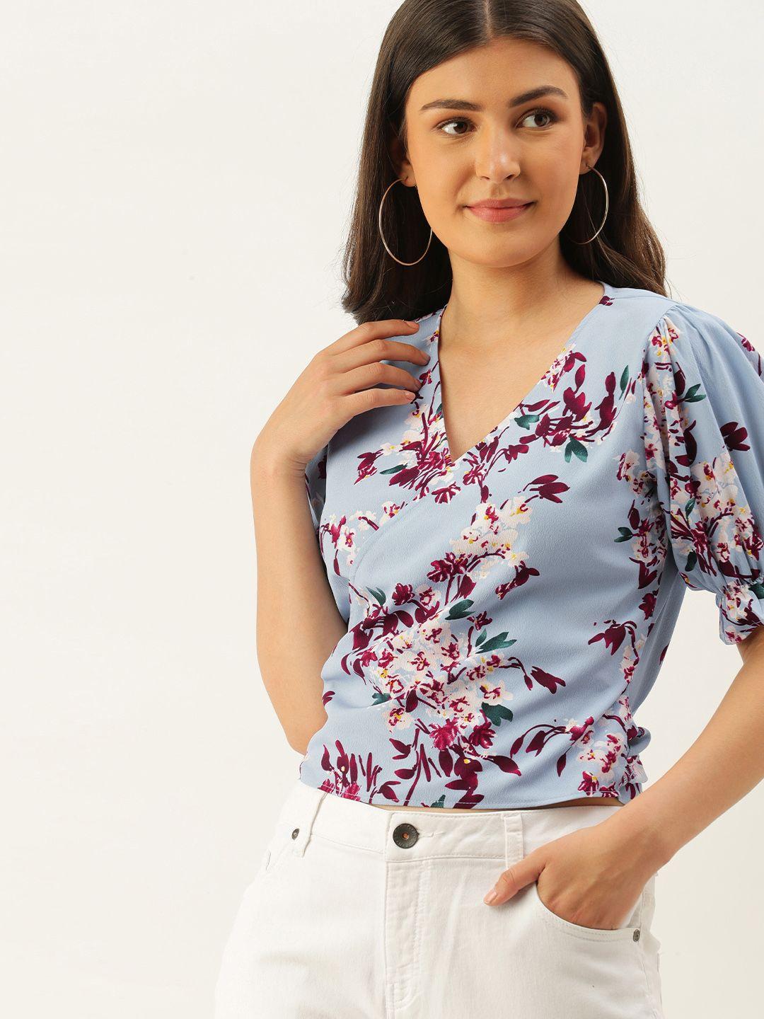 berrylush blue floral printed puff sleeves crepe wrap top