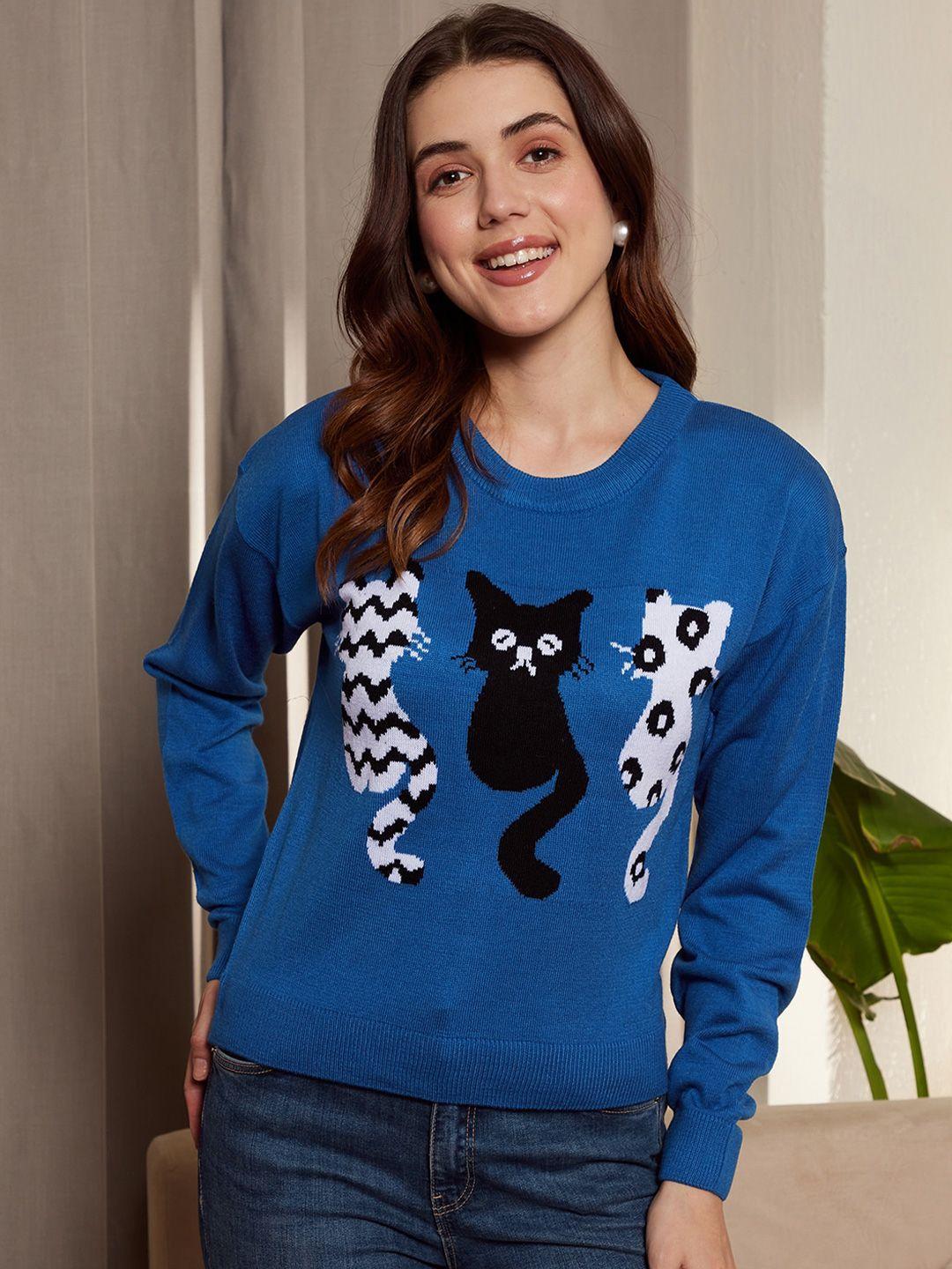 berrylush blue graphic self design acrylic pullover sweater