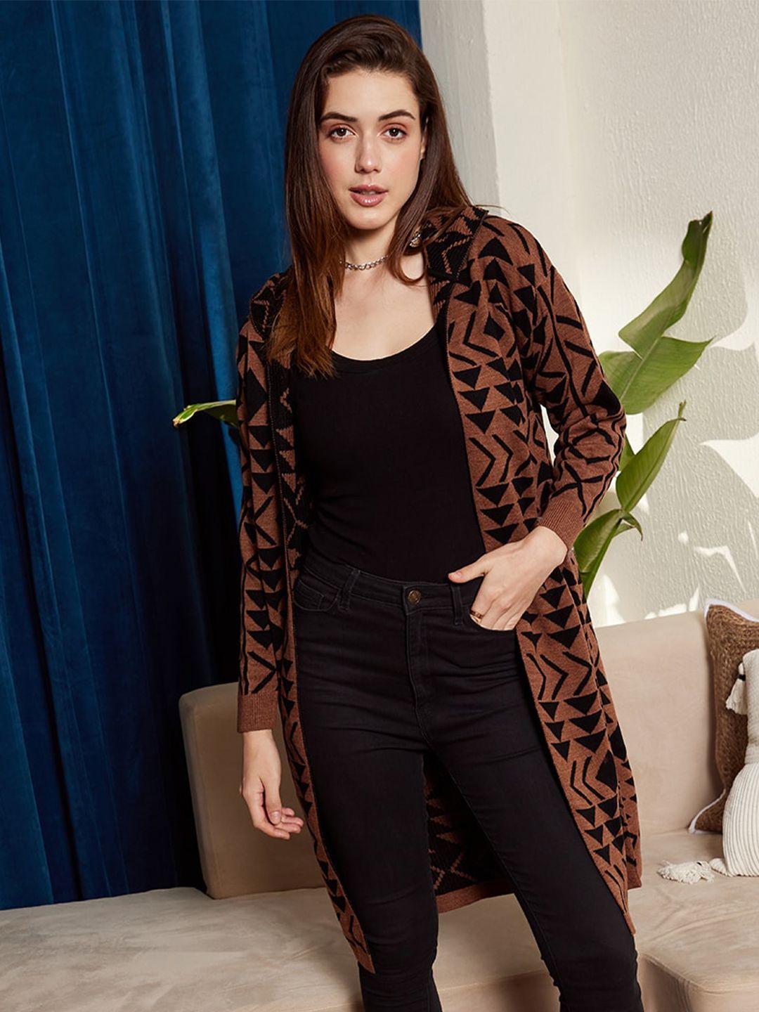 berrylush brown & black geometric printed hooded longline front open sweater