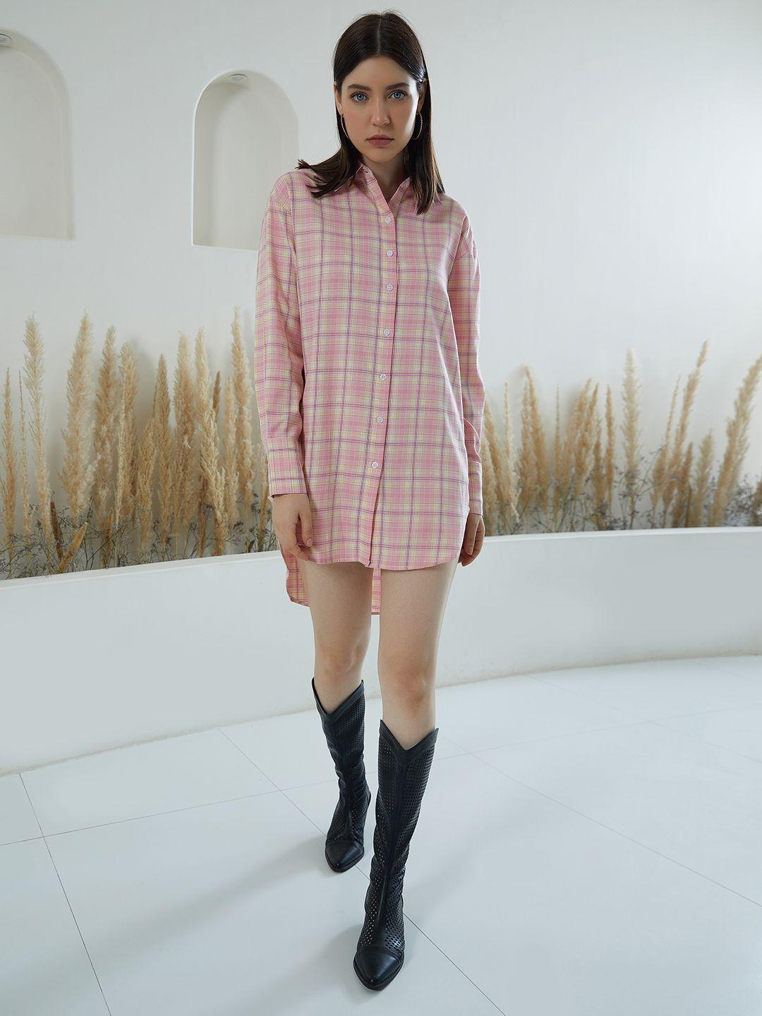 berrylush checked crepe shirt mini dress