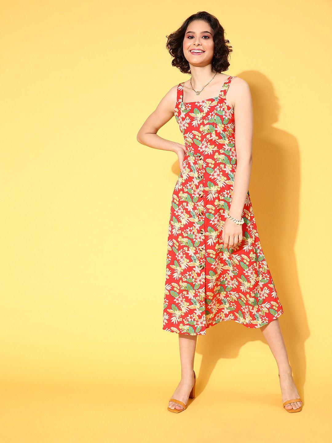 berrylush coral & green floral a-line midi dress