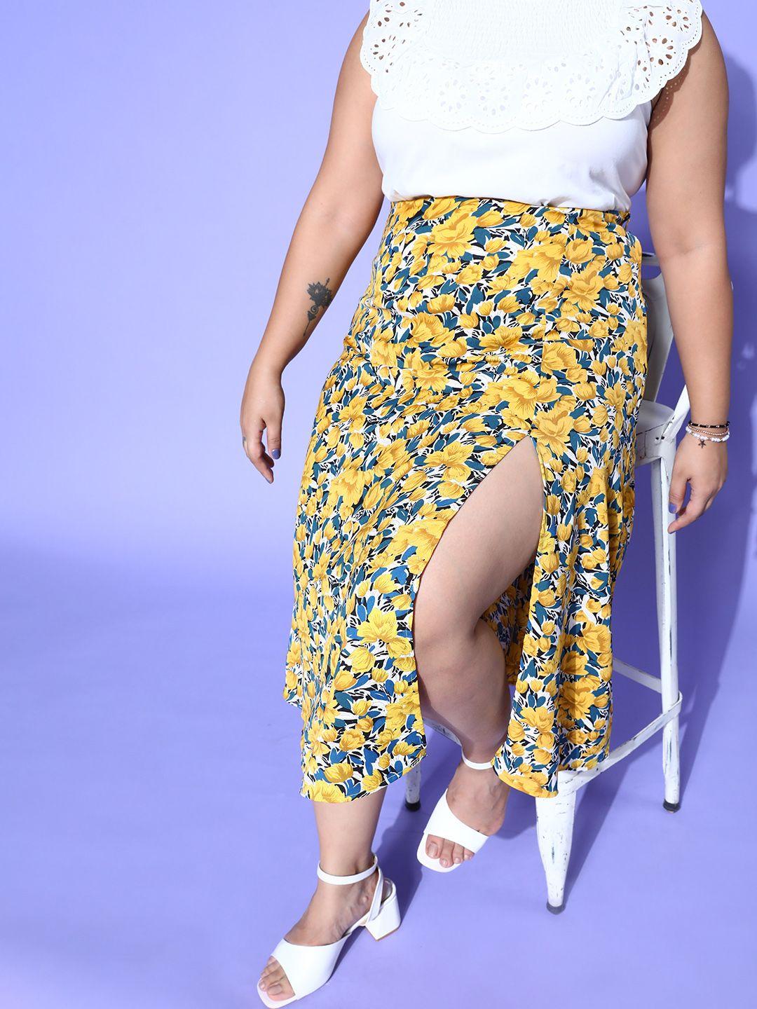 berrylush curve bright yellow floral roman column skirt