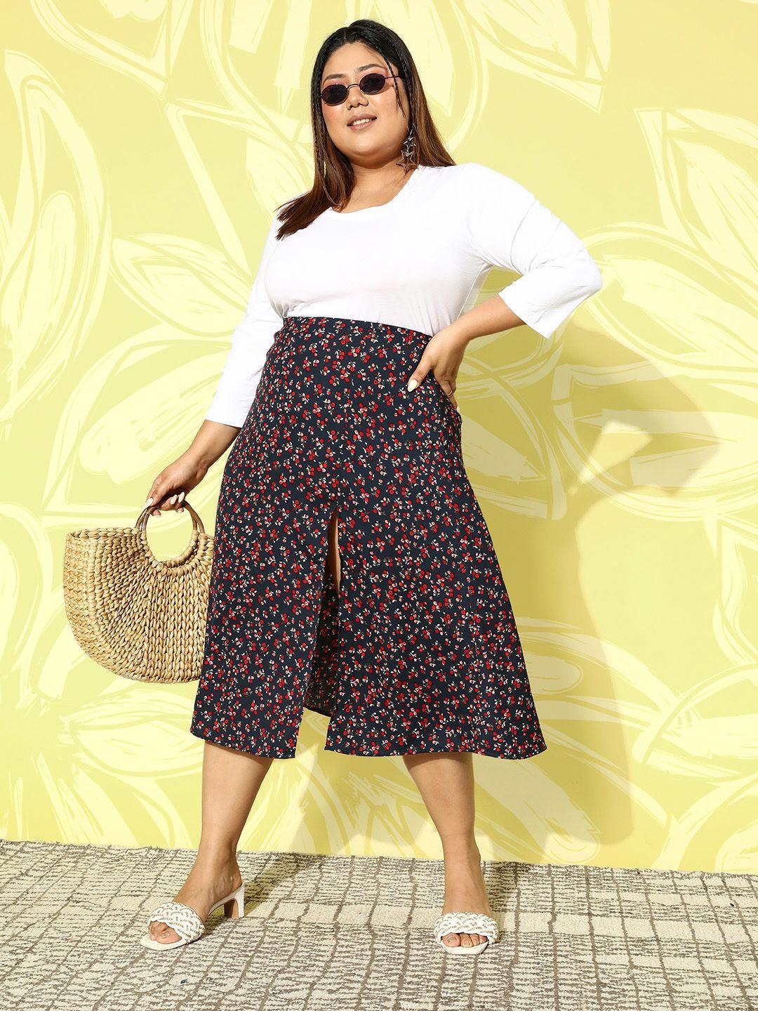 berrylush curve ditsy floral printed high-slit flared midi skirt