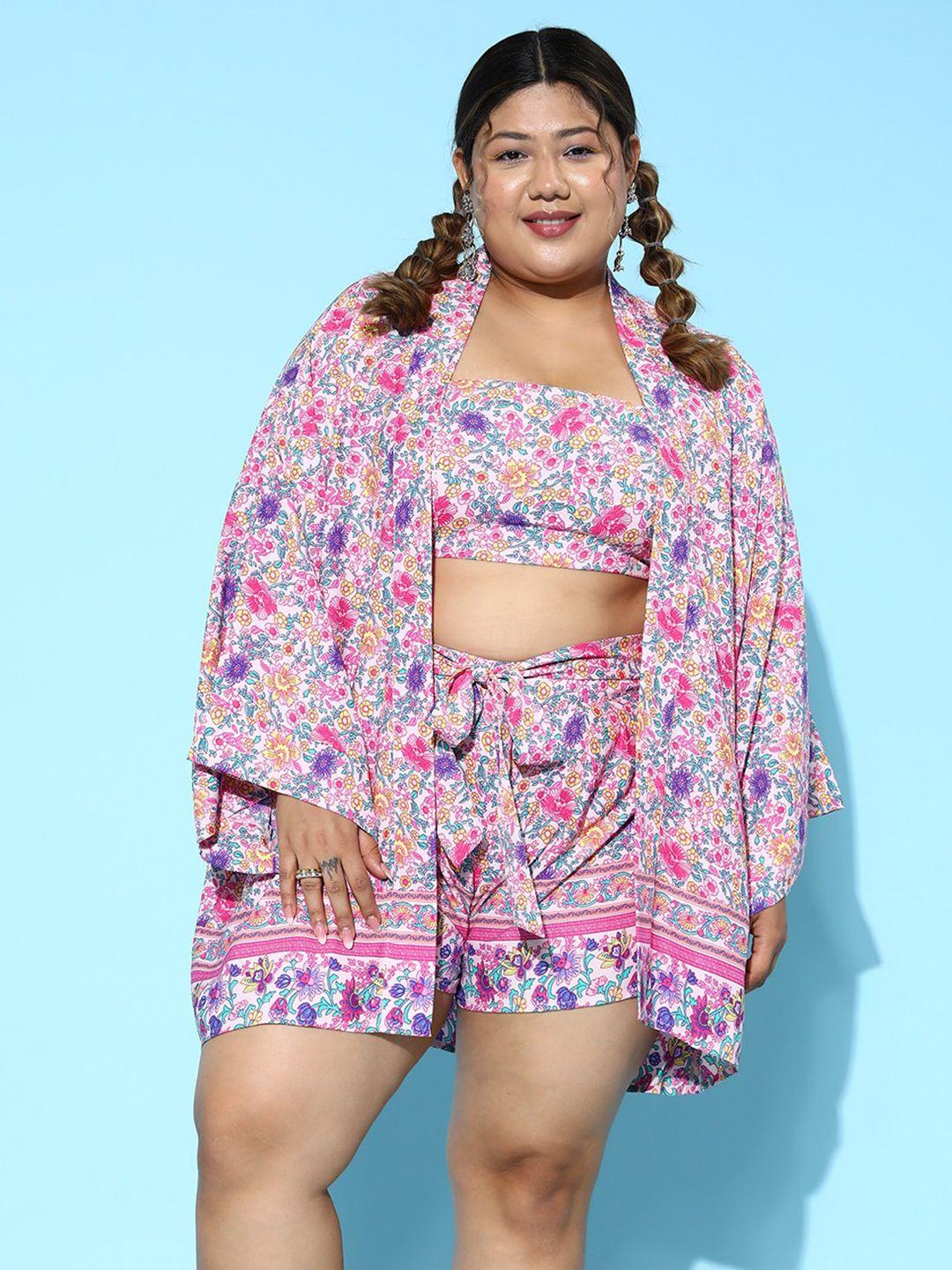 berrylush curve floral printed crop top & tie-up front shorts with kimono