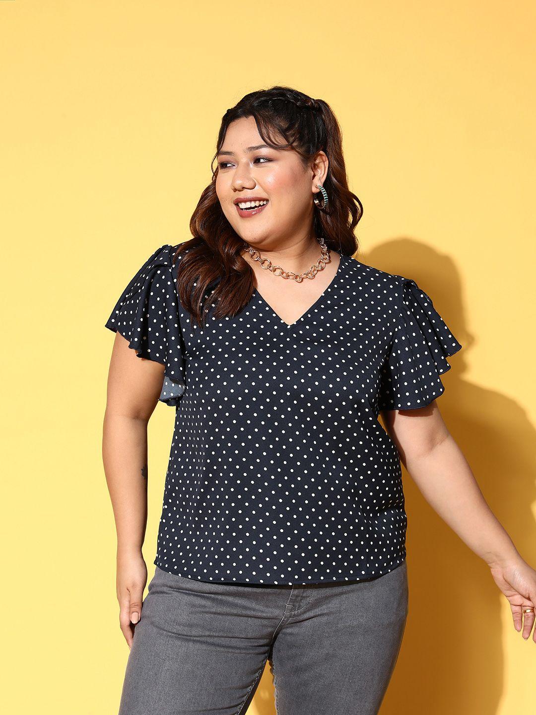 berrylush curve navy blue plus size polka dots printed crepe top