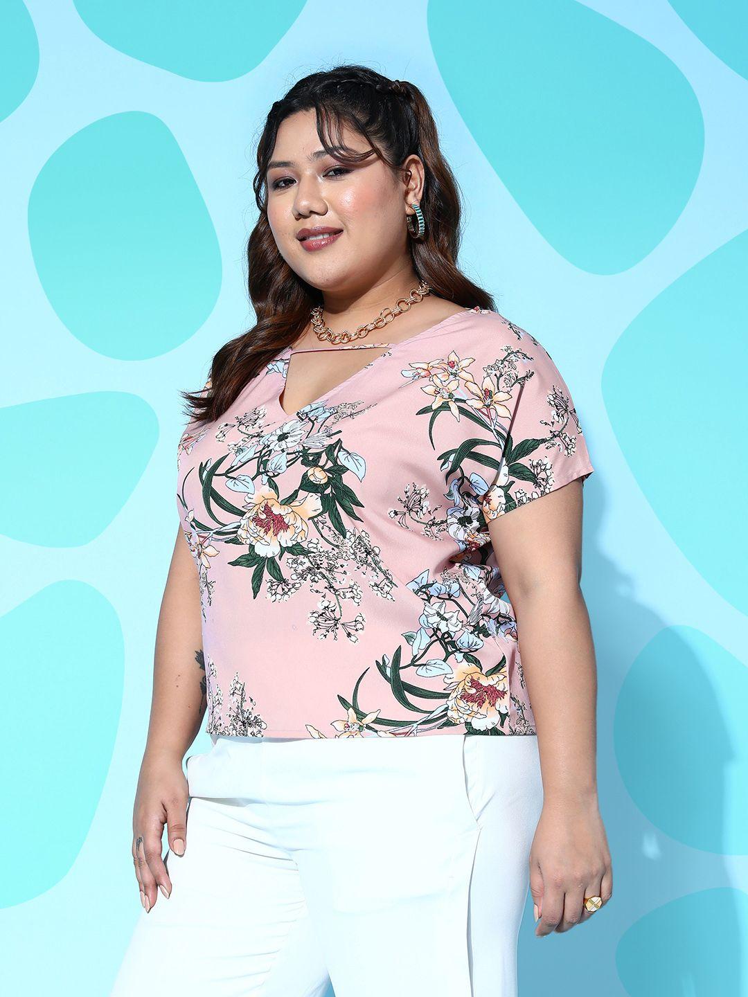 berrylush curve pink plus size floral printed crepe top