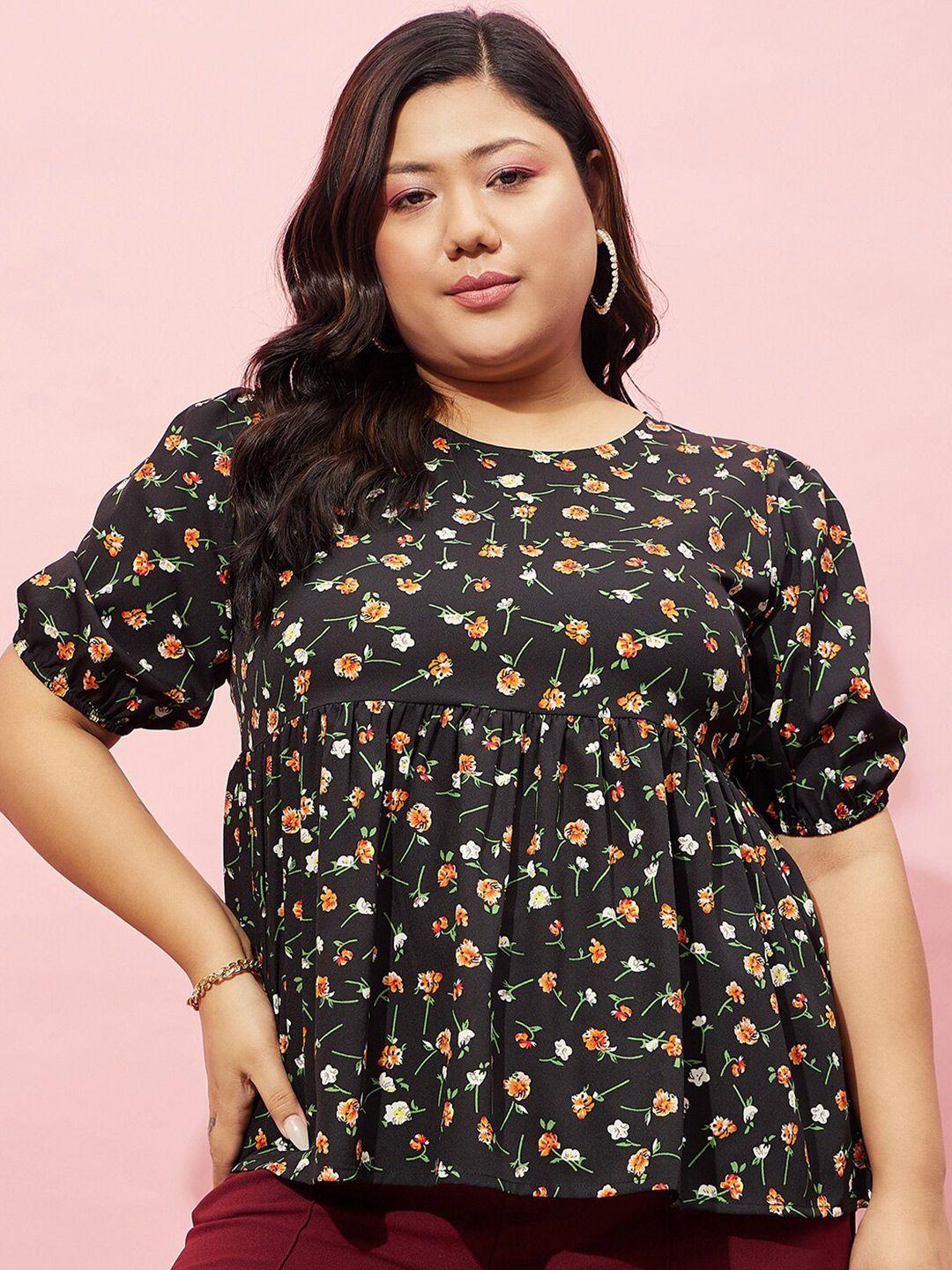 berrylush curve plus size black floral printed puff sleeves gathered detailed peplum top