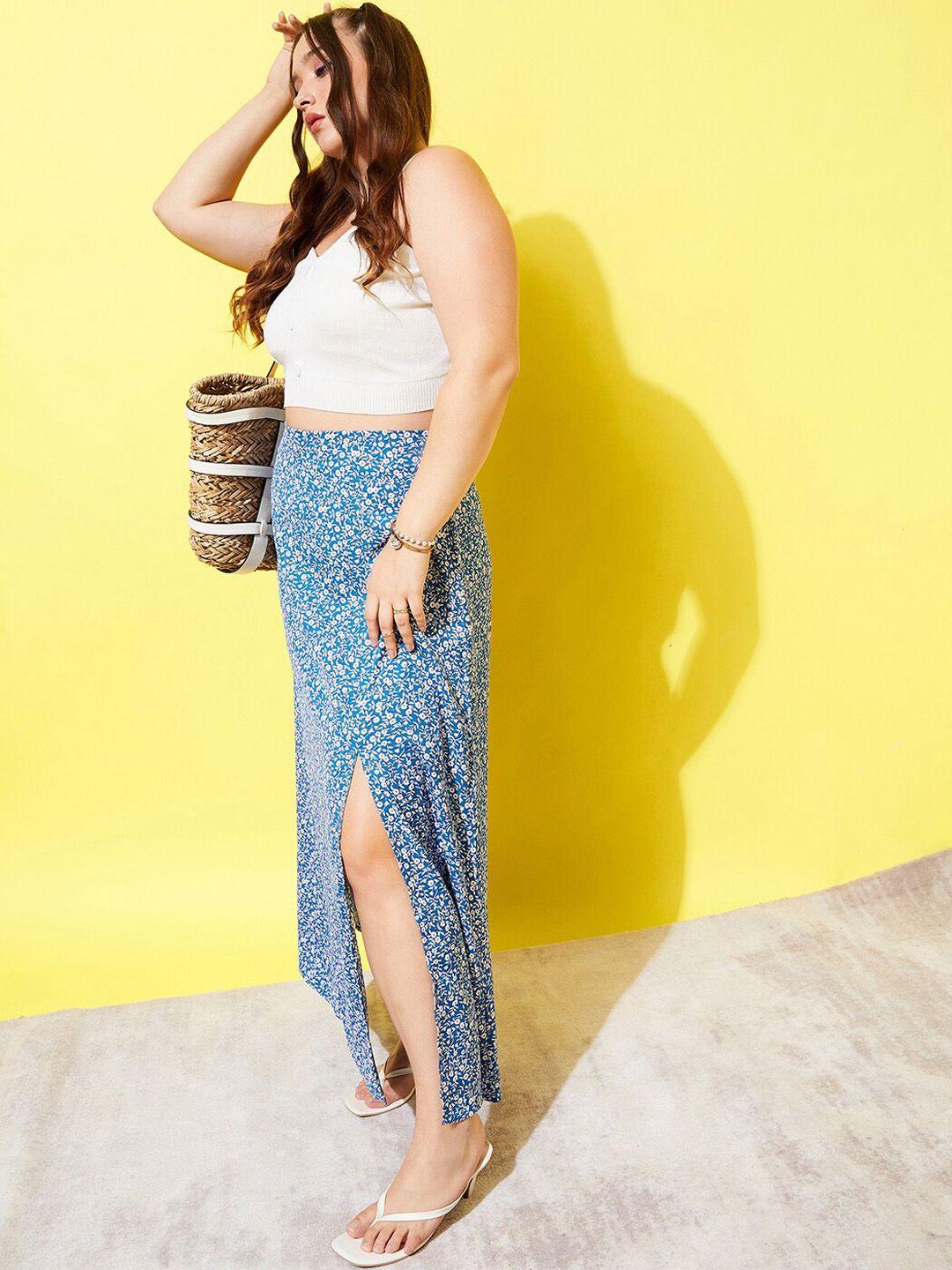 berrylush curve plus size blue floral printed high-rise a-line maxi skirt