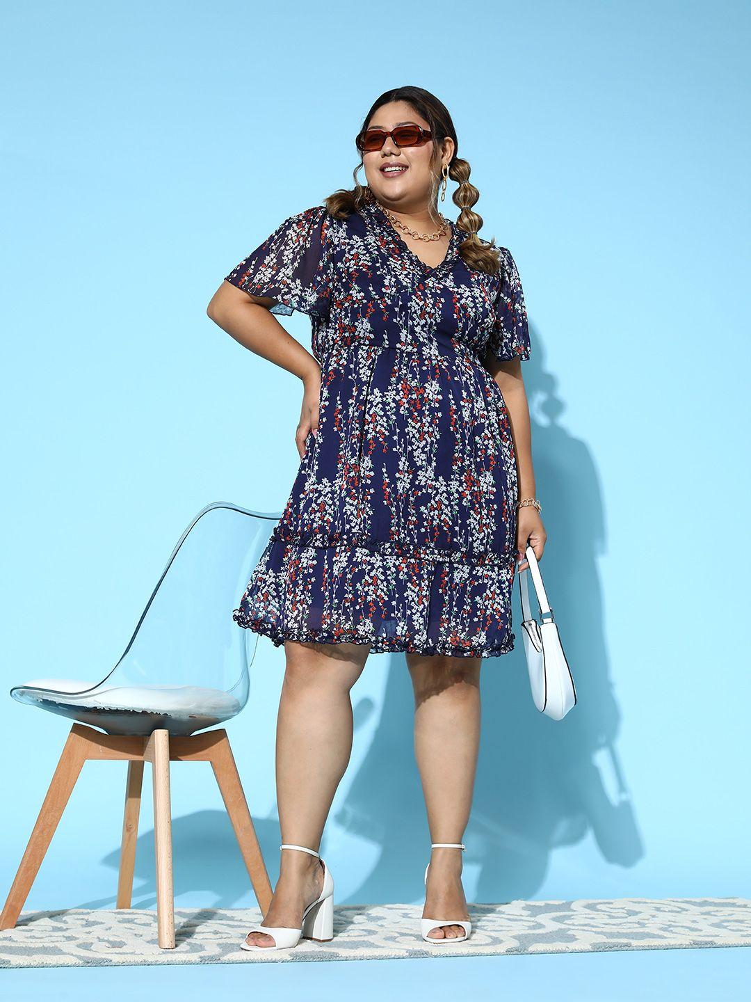 berrylush curve plus size floral print flutter sleeve ruffled chiffon fit & flare dress