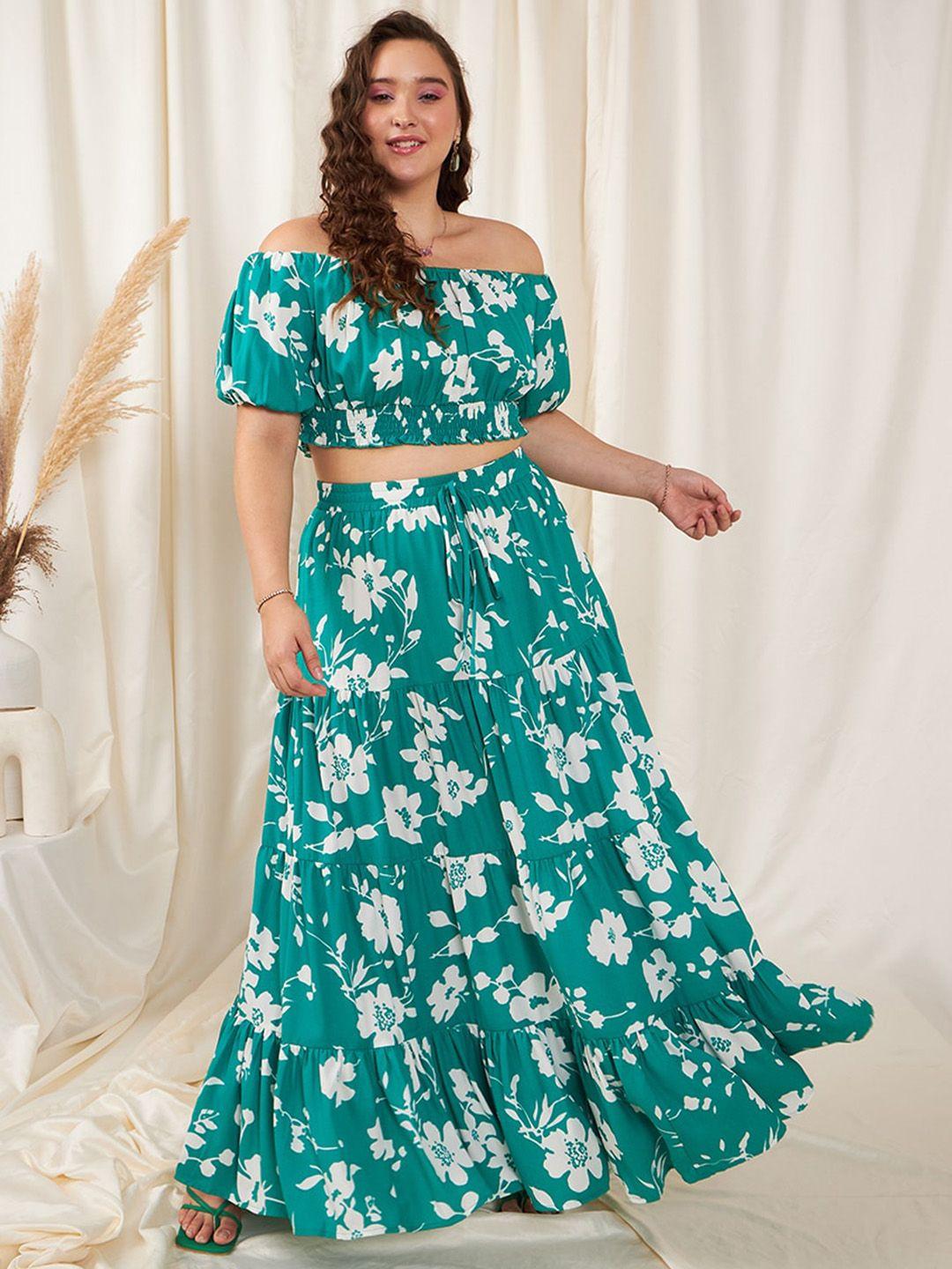 berrylush curve plus size green floral printed off shoulder top & ruffle hem skirt