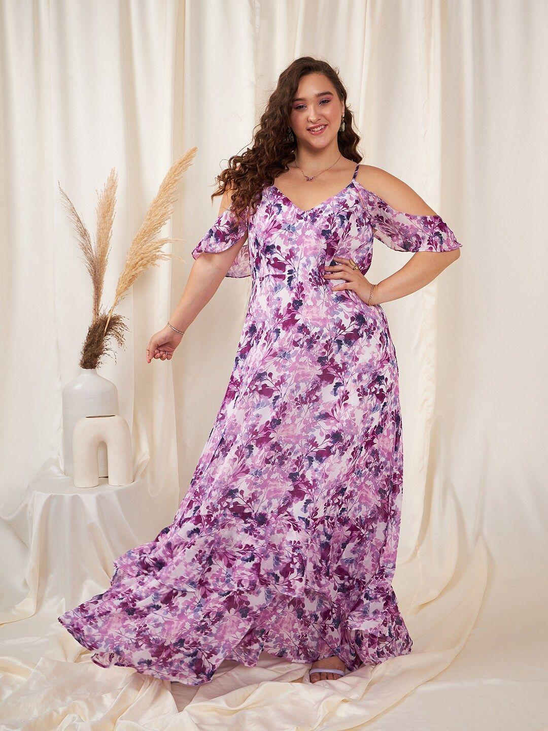 berrylush curve plus size white & purple floral printed layered maxi dress