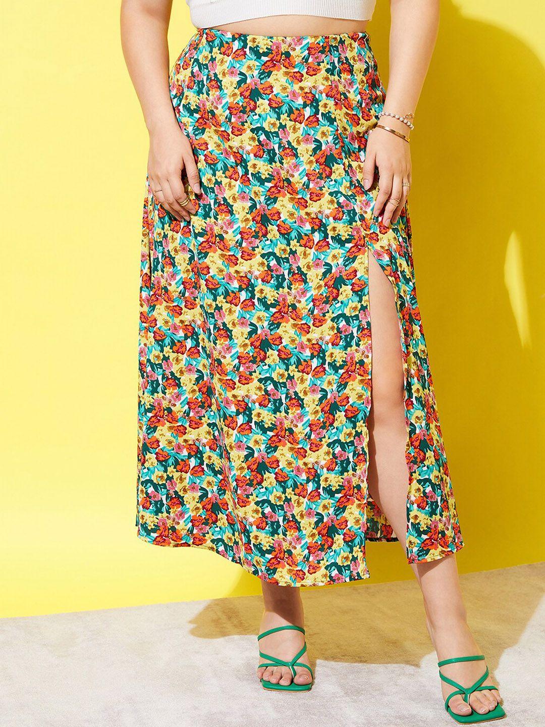 berrylush curve plus size yellow floral printed high-rise a-line maxi skirt