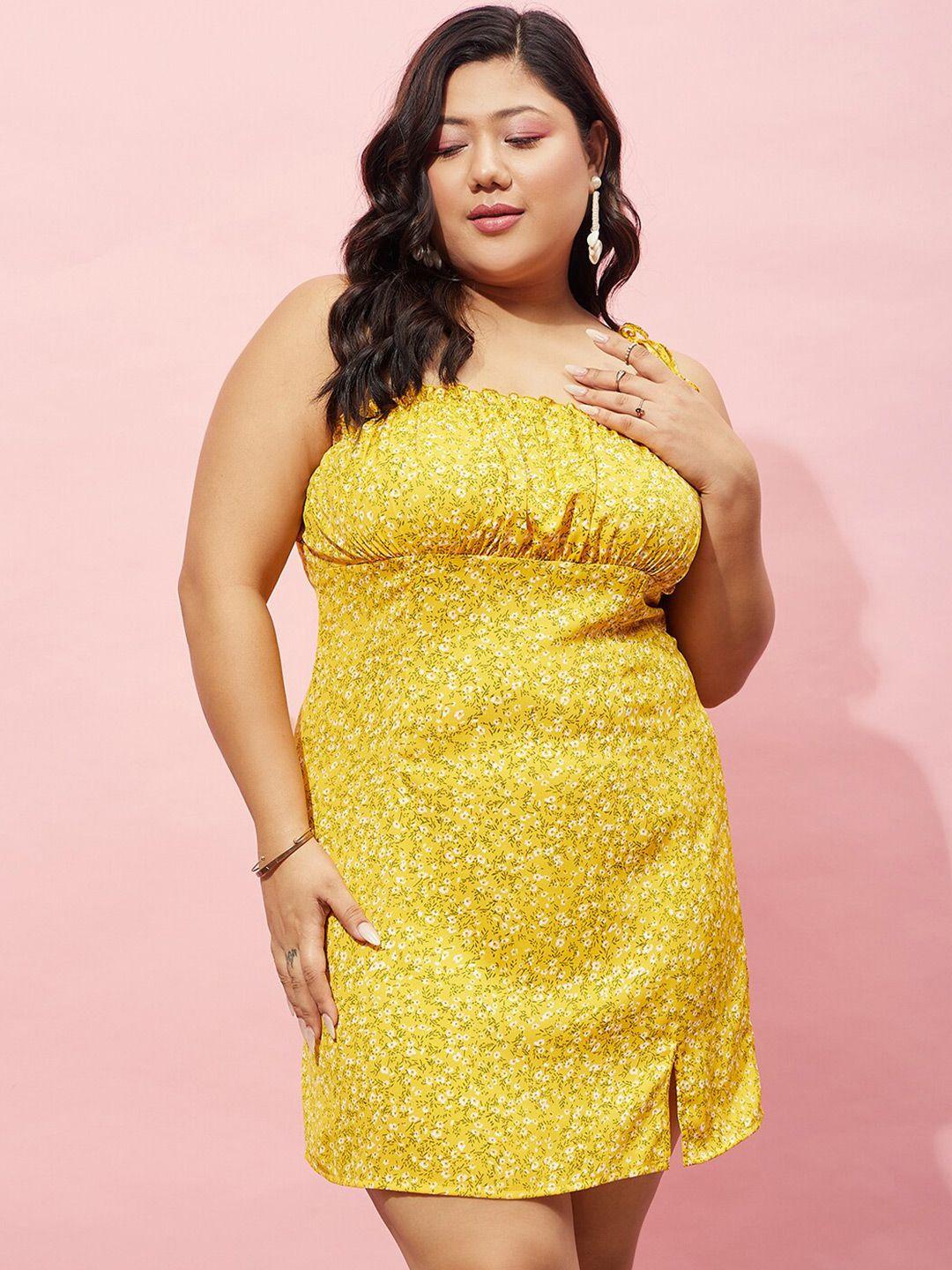 berrylush curve plus size yellow floral printed shoulder straps gathered a-line dress