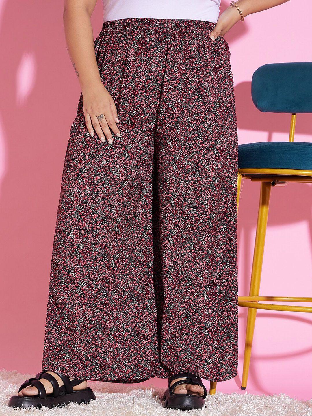 berrylush curve women black & red printed relaxed loose fit high-rise wide leg trousers