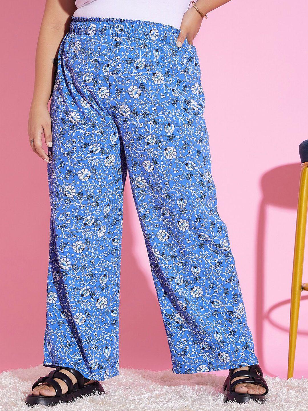 berrylush curve women blue floral printed relaxed loose fit high-rise trousers