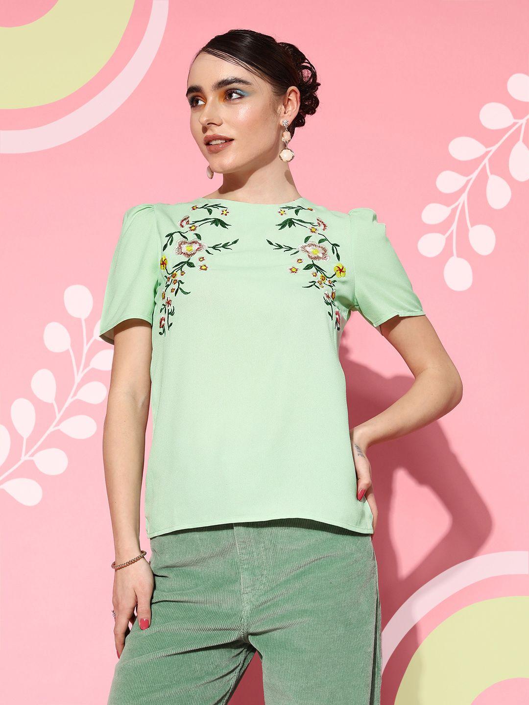 berrylush floral embroidered puff sleeves crepe top