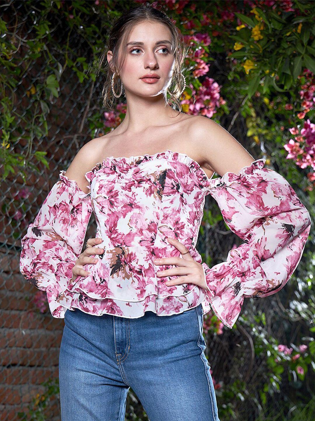 berrylush floral printed off-shoulder bell sleeves smocked bardot top