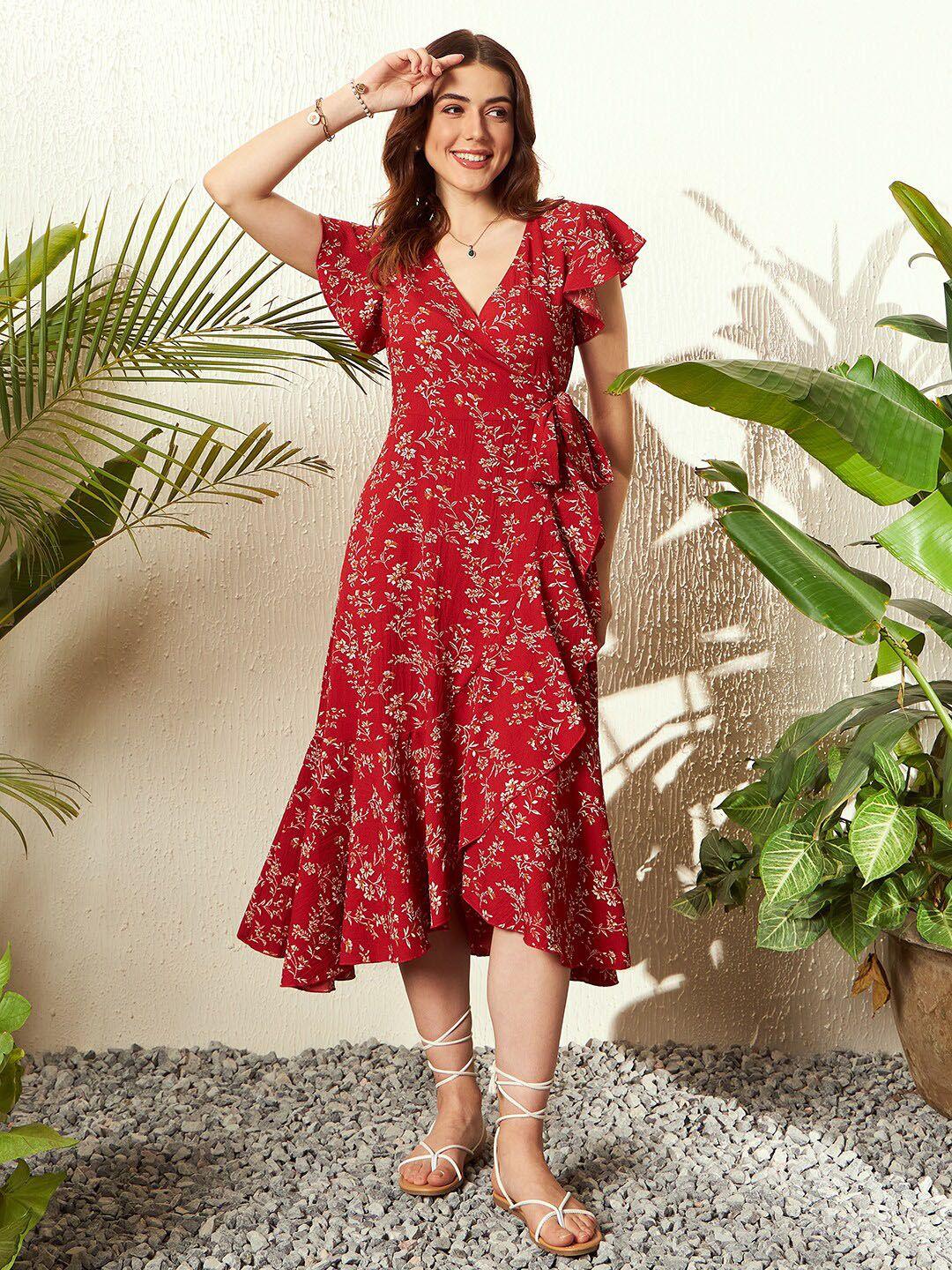 berrylush floral printed v-neck flutter sleeves tie-ups midi wrap dress