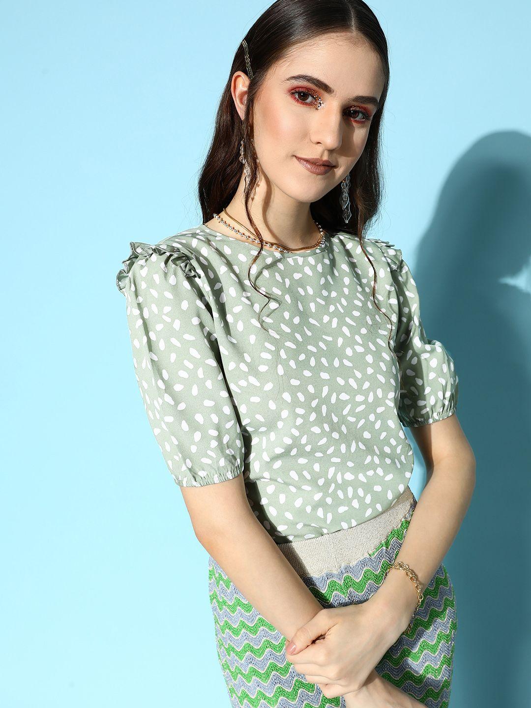 berrylush green & white animal print ruffles crepe crop top