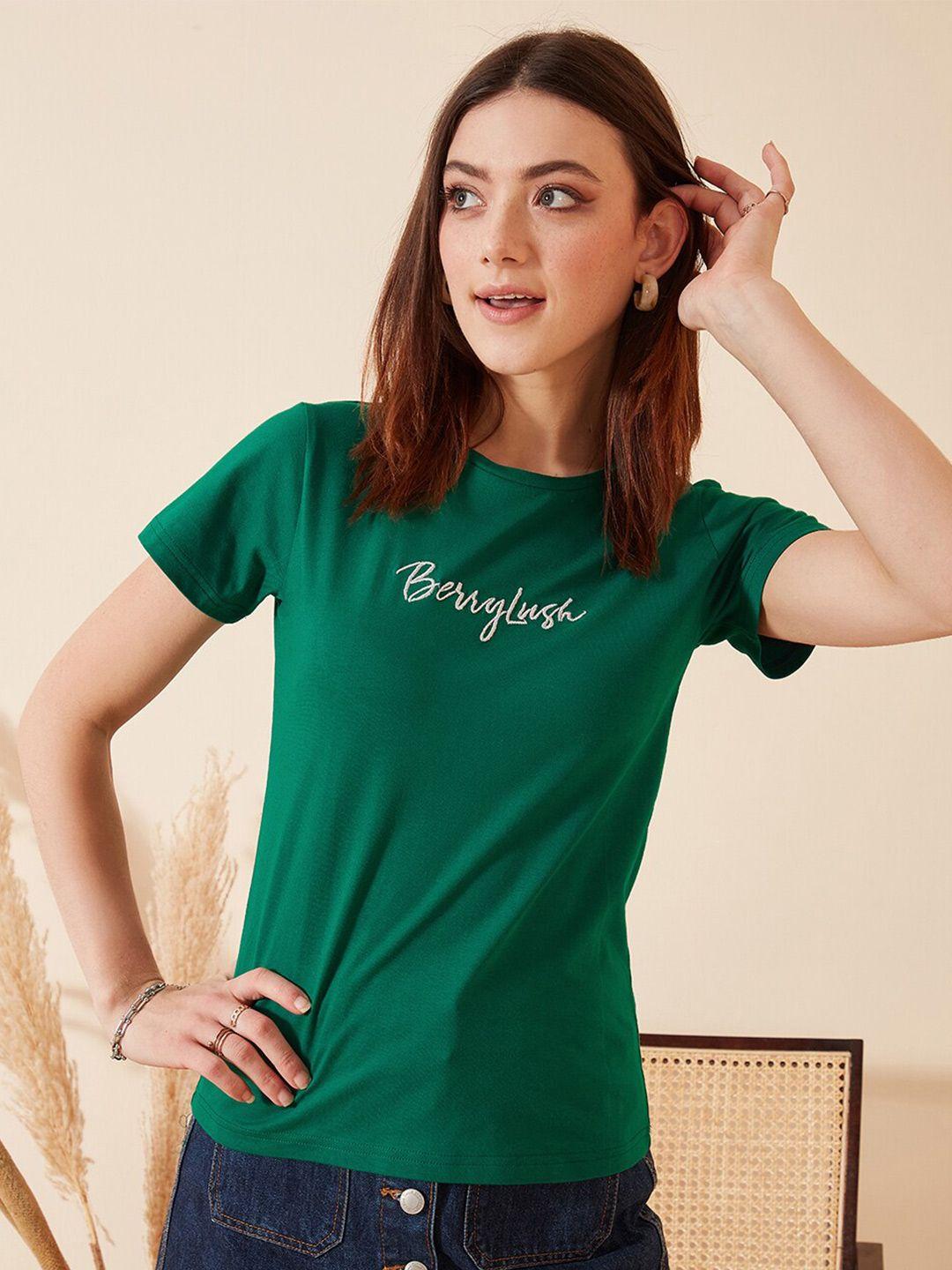 berrylush green brand logo printed pure cotton t-shirt