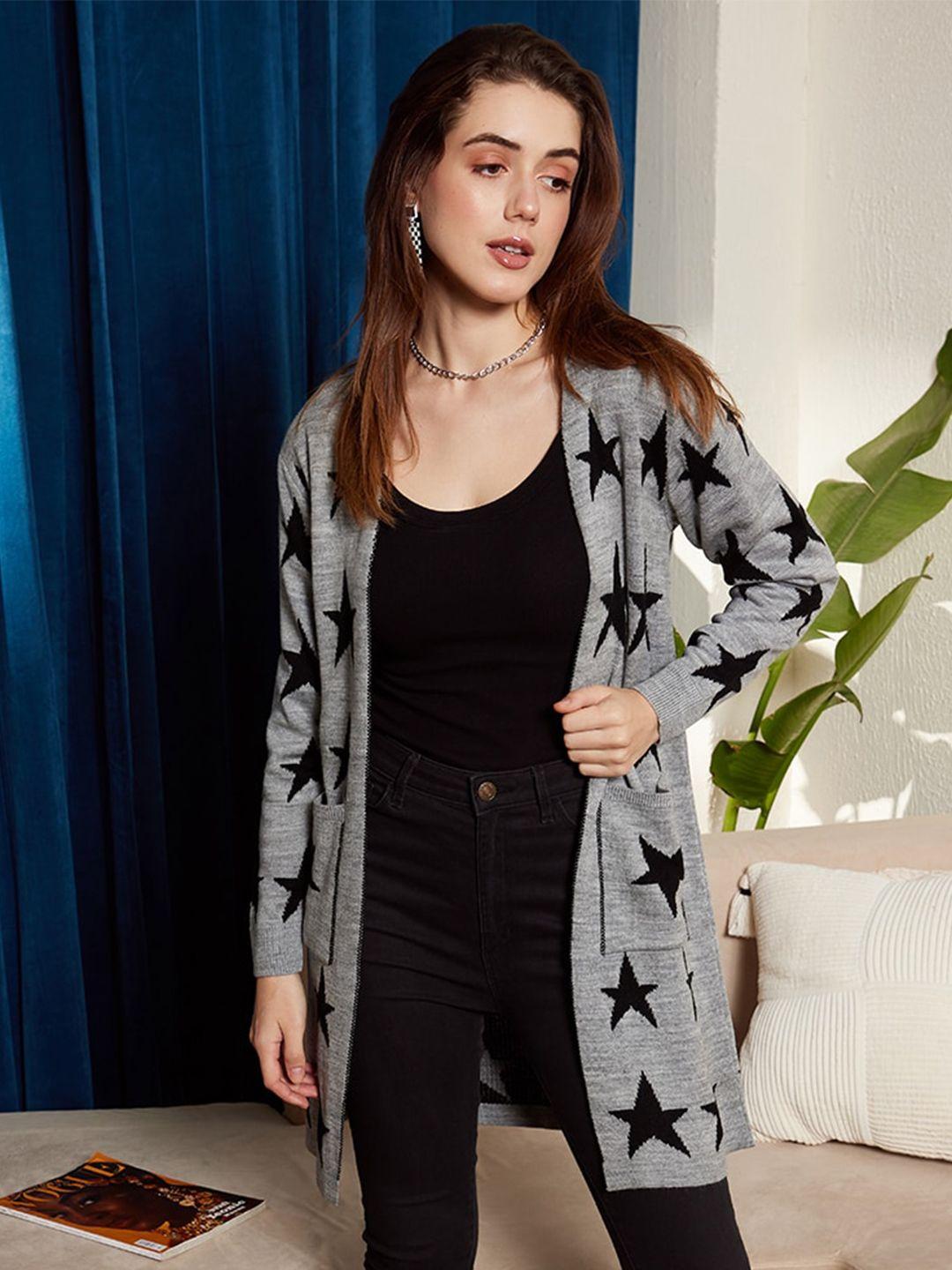 berrylush grey & black conversational printed longline front open sweater