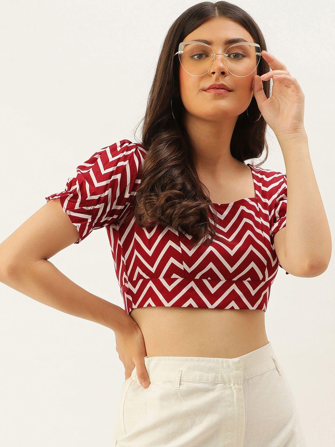 berrylush maroon & white geometric printed puff sleeves crepe styled back crop top