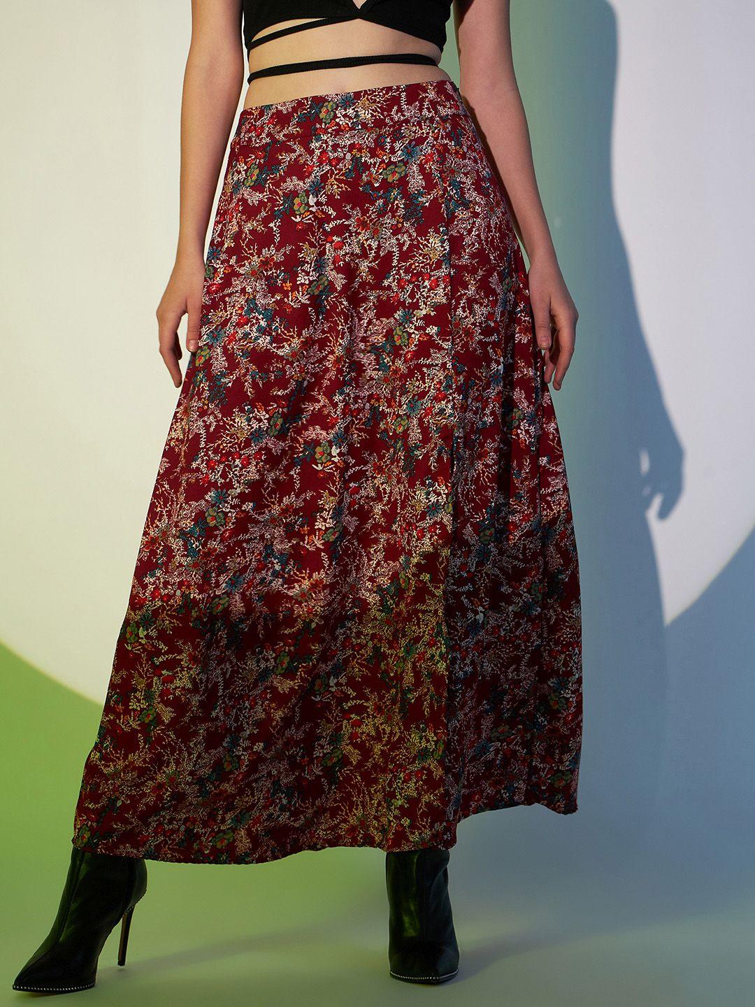 berrylush maroon floral printed high rise a-line maxi skirt
