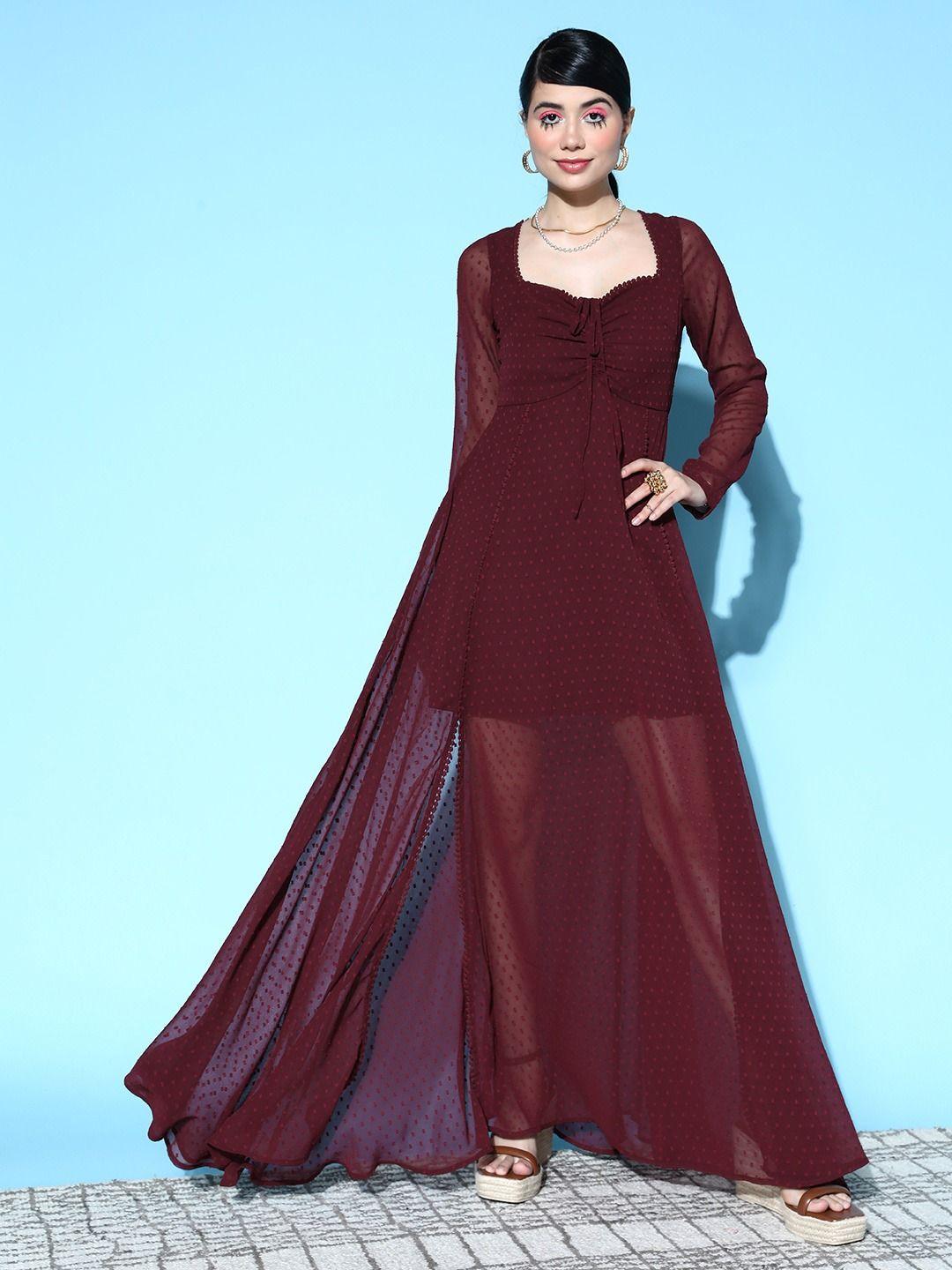 berrylush maroon swiss dot tied backless dobby georgette mesh maxi dress