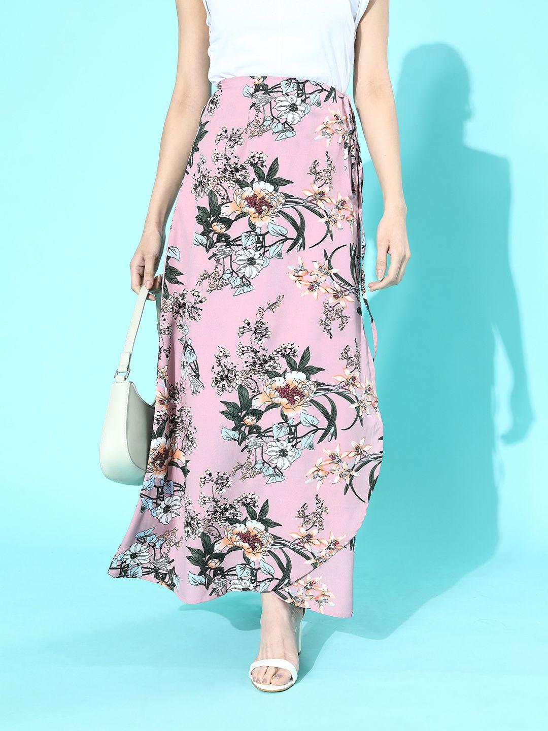 berrylush multicoloured floral printed polyester crepe casual flared maxi wrap skirt