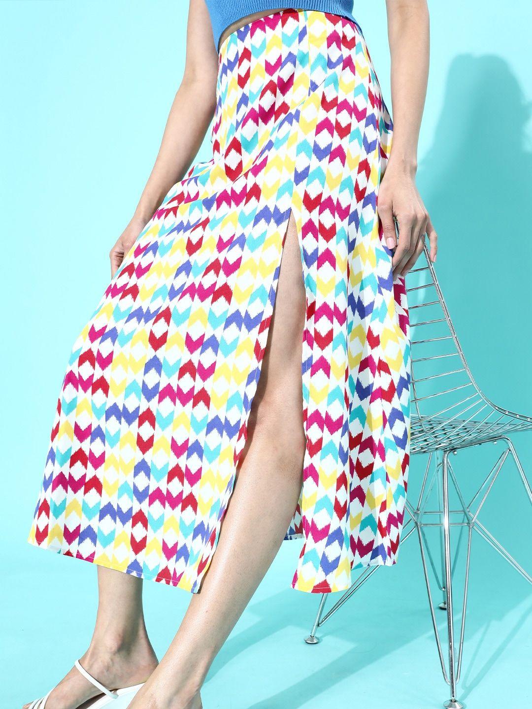 berrylush multicoloured geometric printed polyester crepe casual flared midi a line skirt