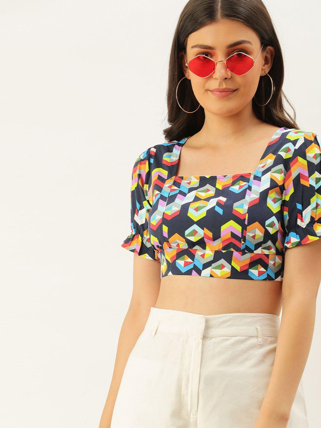 berrylush multicoloured geometric printed puff sleeves styled back crop top