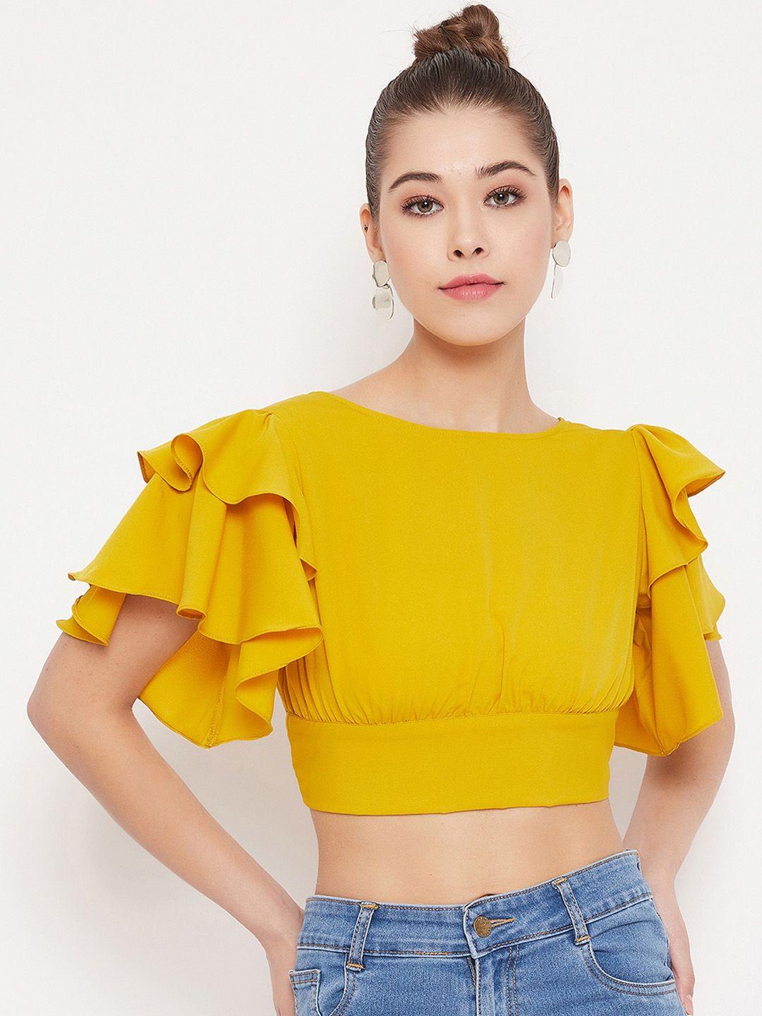 berrylush mustard yellow flutter sleeves styled back crop top