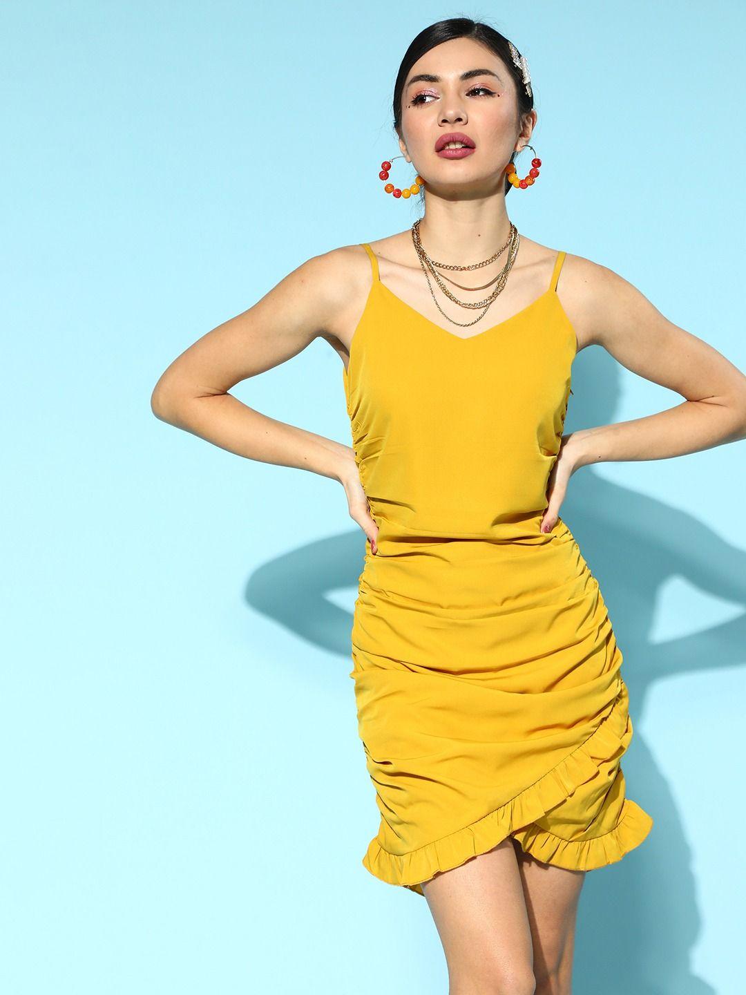 berrylush mustard yellow solid crepe ruched sheath dress