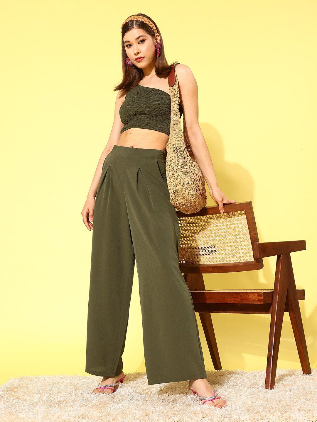 berrylush olive green one shoulder crop top with trousers